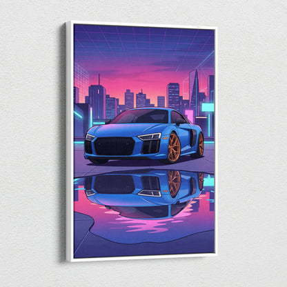 Audi R8 Inspired Neon Vapor City Car Art - Car Art Blue Pink Purple Living Room Decor Vaporwave