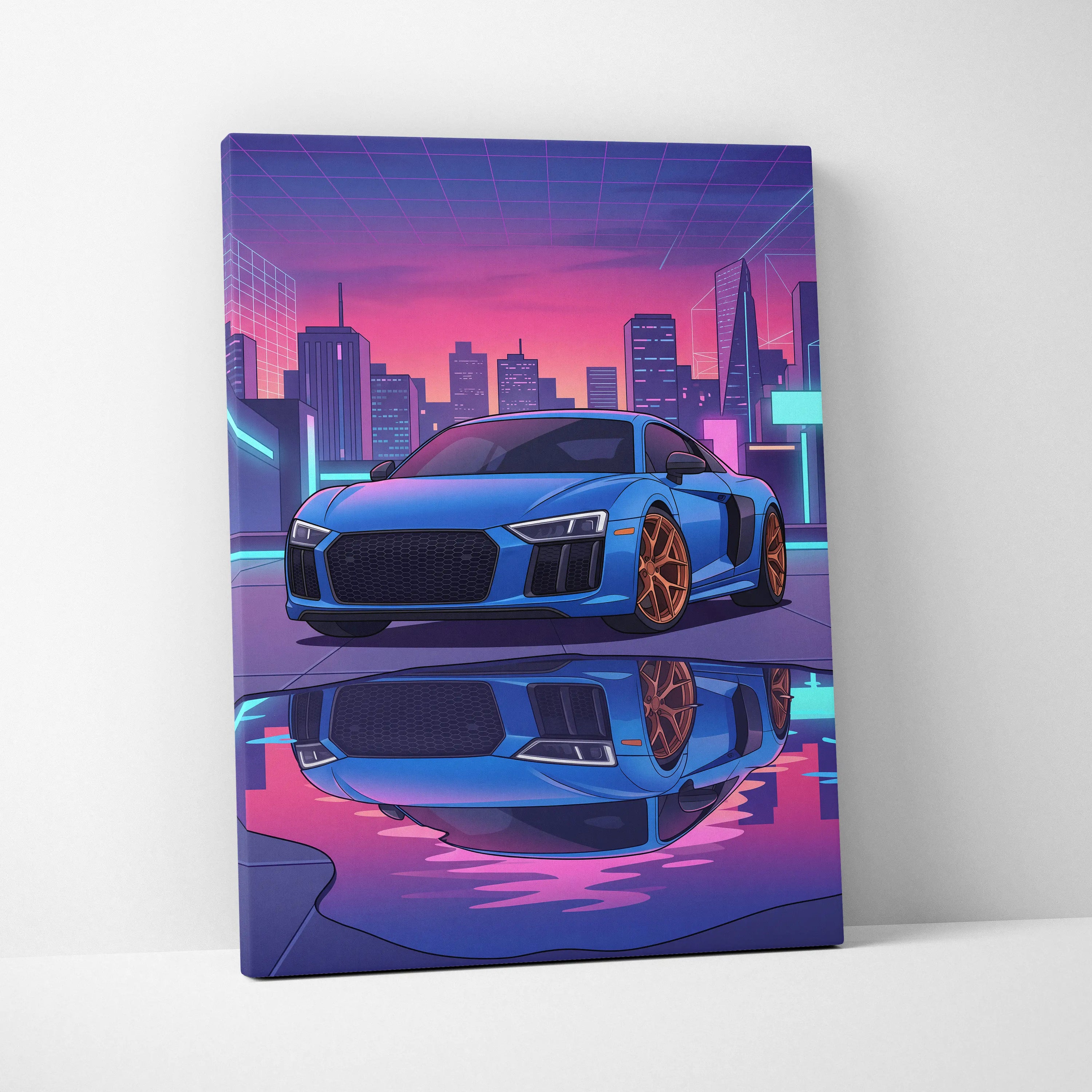 Audi R8 Inspired Neon Vapor City Car Art - Car Art Blue Pink Purple Living Room Decor Vaporwave