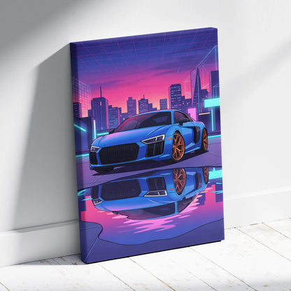 Audi R8 Inspired Neon Vapor City Car Art - Car Art Blue Pink Purple Living Room Decor Vaporwave