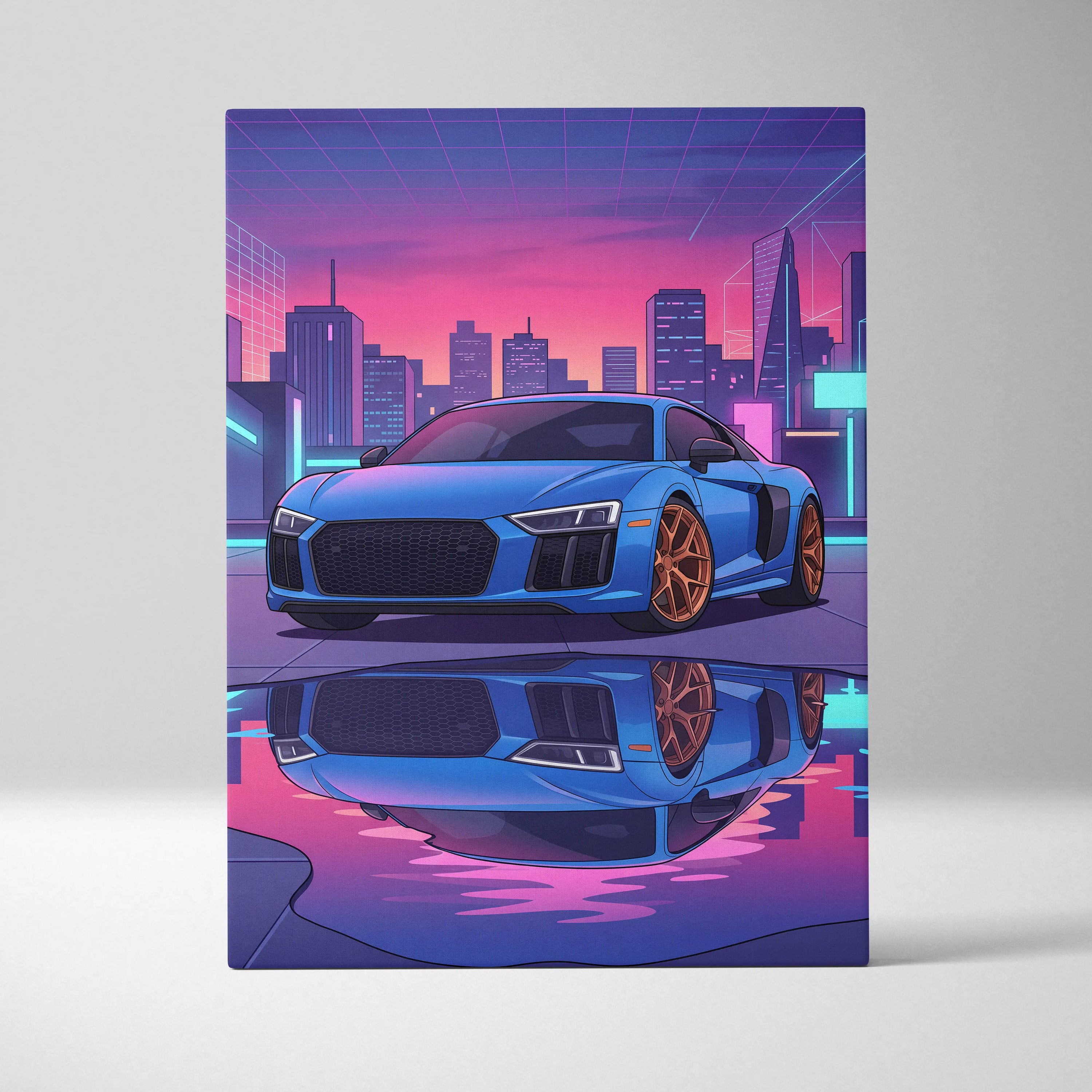 Audi R8 Inspired Neon Vapor City Car Art - Car Art Blue Pink Purple Living Room Decor Vaporwave