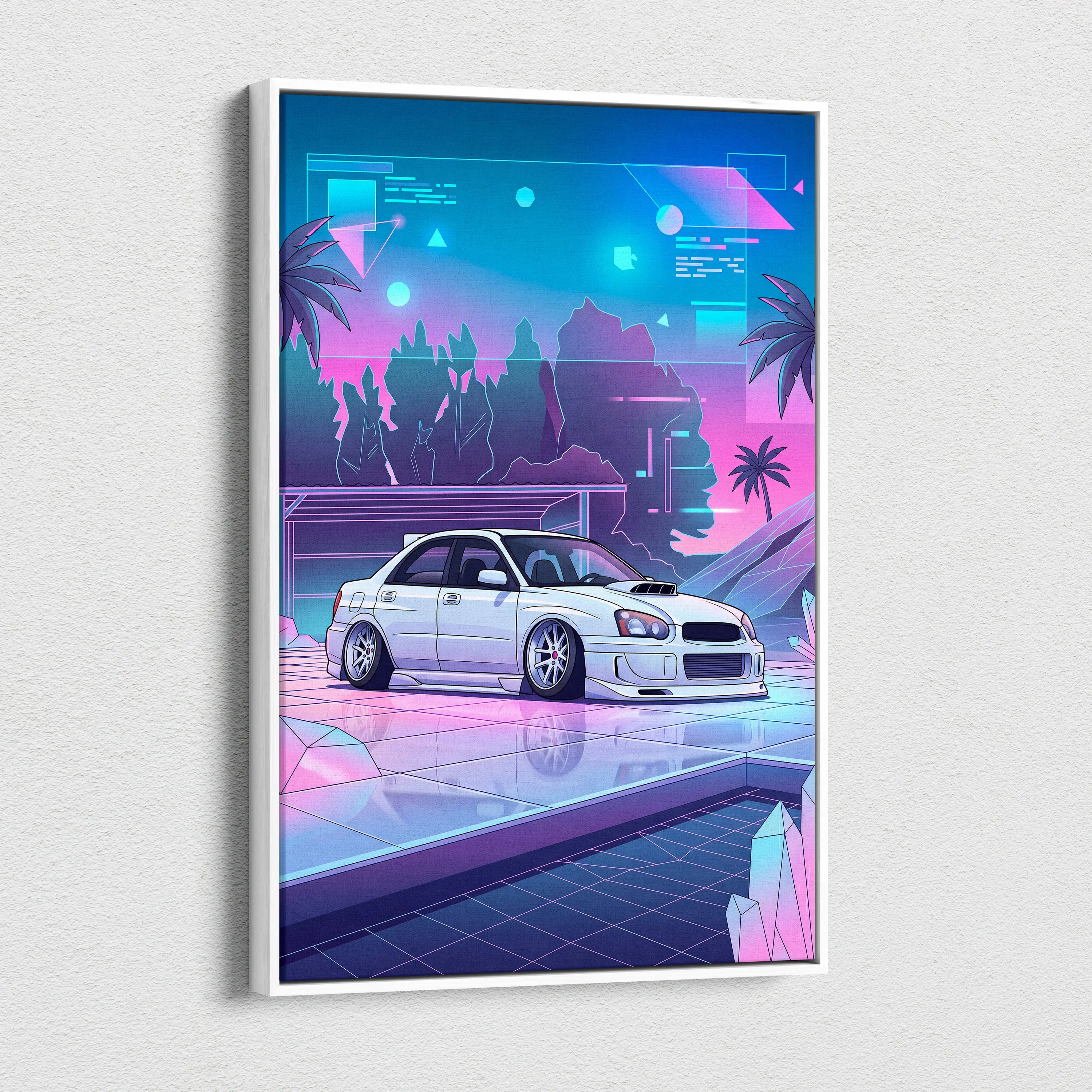 Subaru WRX Inspired Neon Vaporwave Car Canvas Art - Car Art Neon Blue Pink Living Room Vaporwave Mood