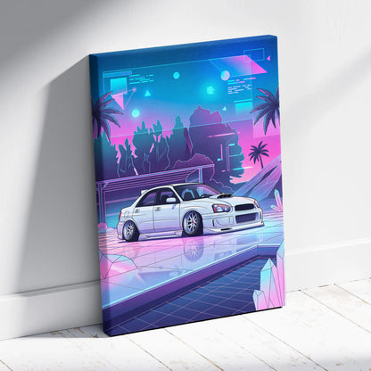 Subaru WRX Inspired Neon Vaporwave Car Canvas Art - Car Art Neon Blue Pink Living Room Vaporwave Mood
