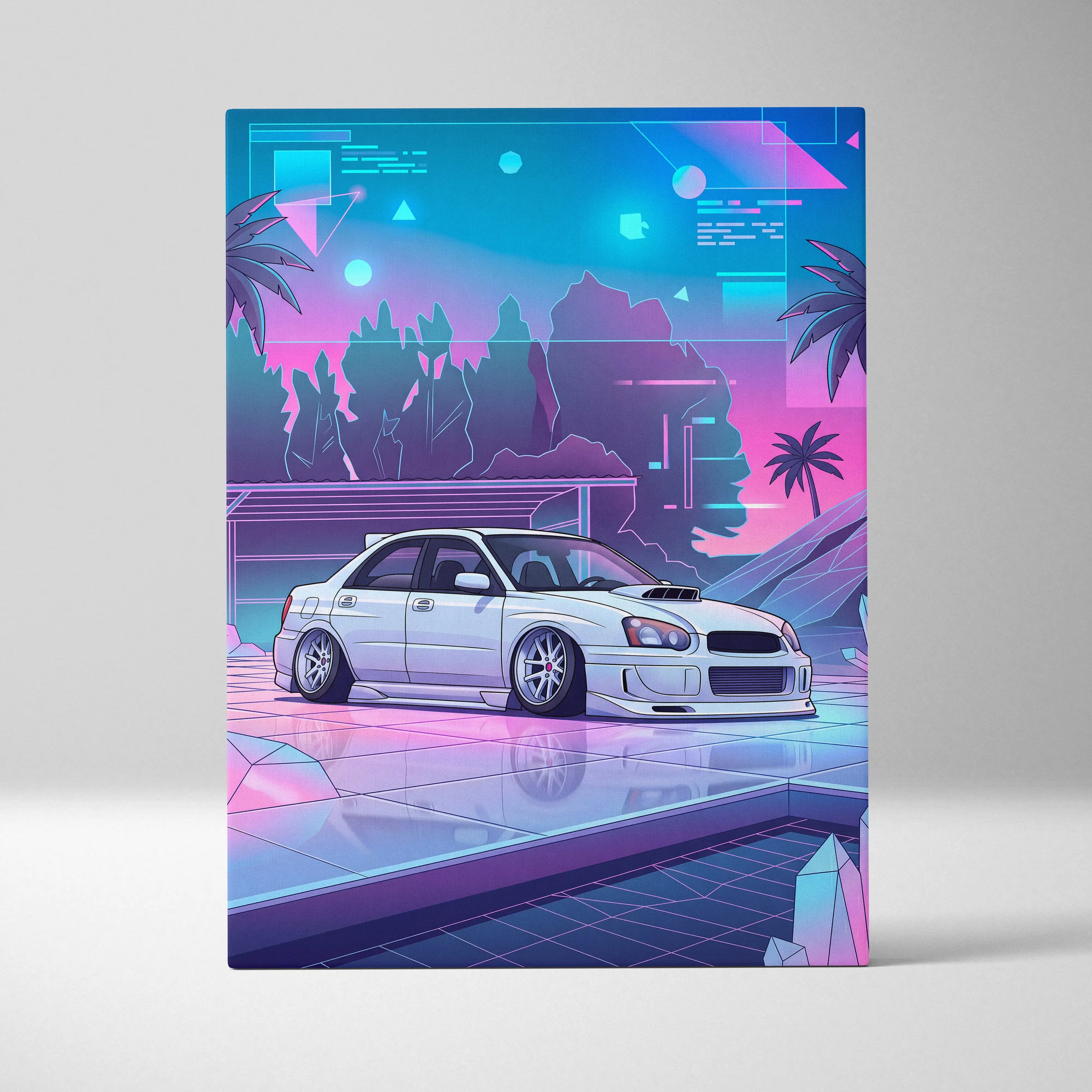 Subaru WRX Inspired Neon Vaporwave Car Canvas Art - Car Art Neon Blue Pink Living Room Vaporwave Mood