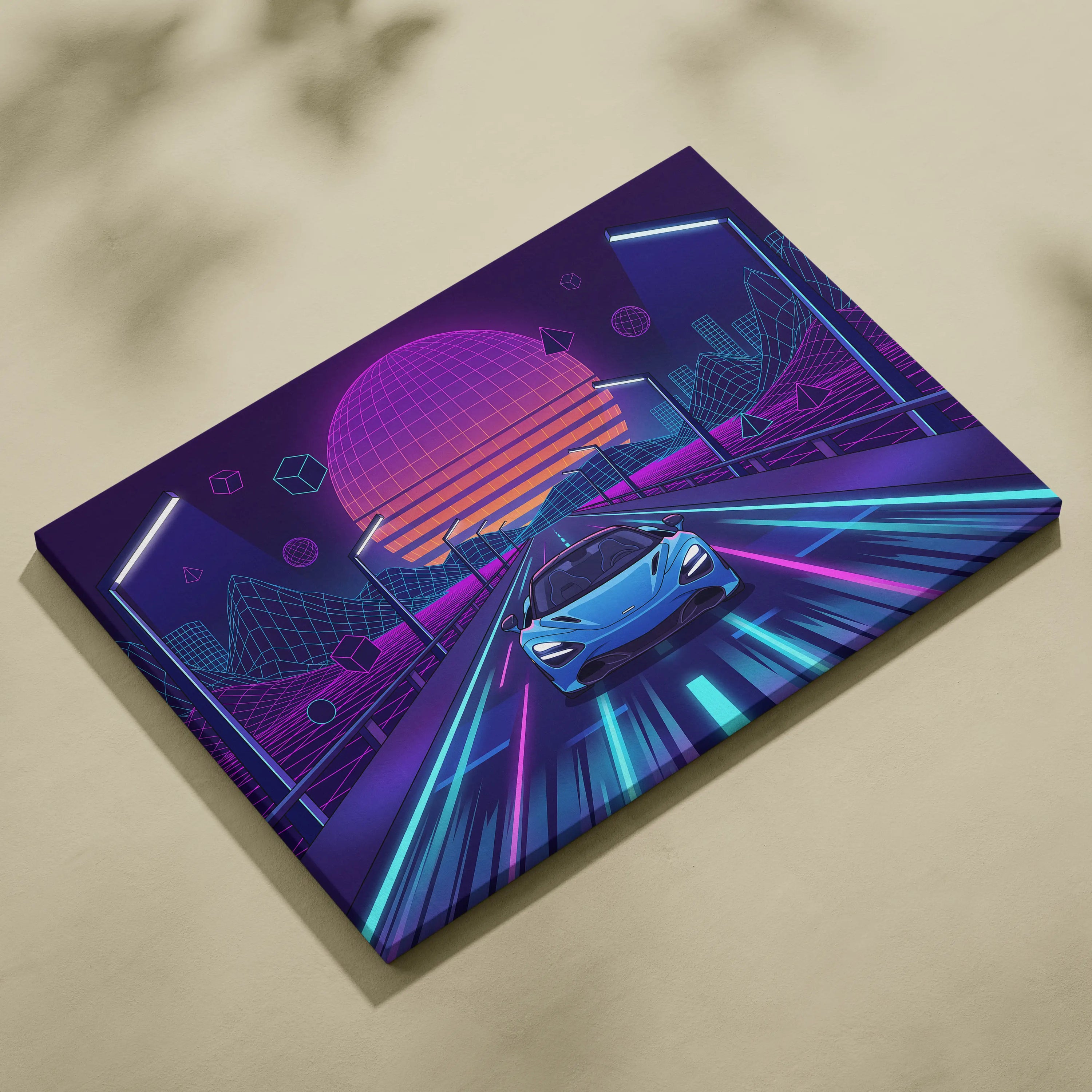 McLaren 765LT Inspired Neon Vaporwave Sunset Neon Canvas Art - Car Neon Purple Blue Living Room Vaporwave Mood