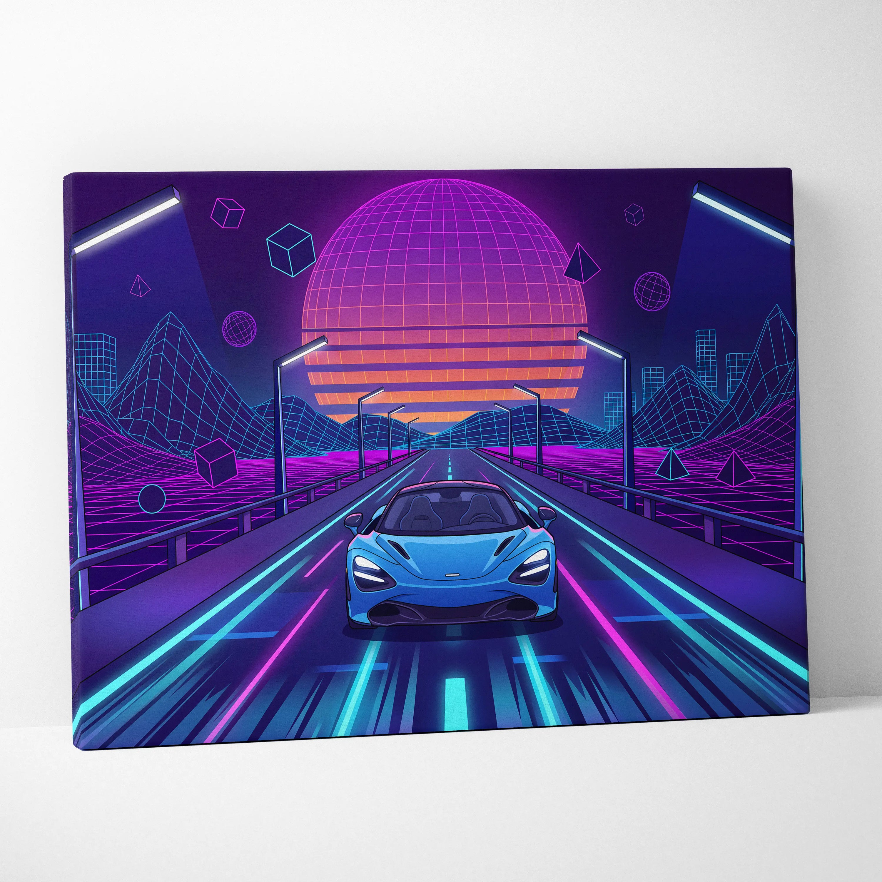 McLaren 765LT Inspired Neon Vaporwave Sunset Neon Canvas Art - Car Neon Purple Blue Living Room Vaporwave Mood