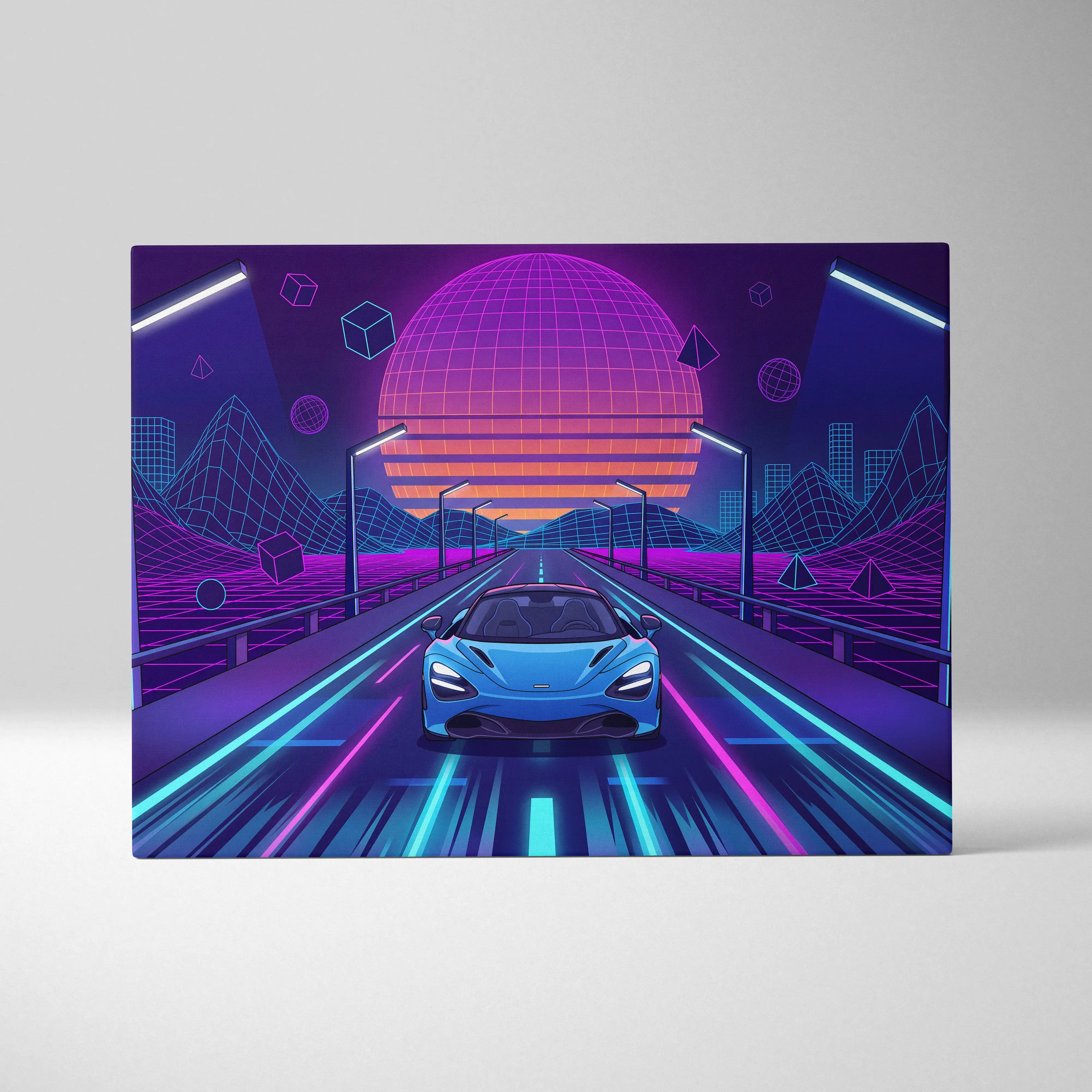 McLaren 765LT Inspired Neon Vaporwave Sunset Neon Canvas Art - Car Neon Purple Blue Living Room Vaporwave Mood