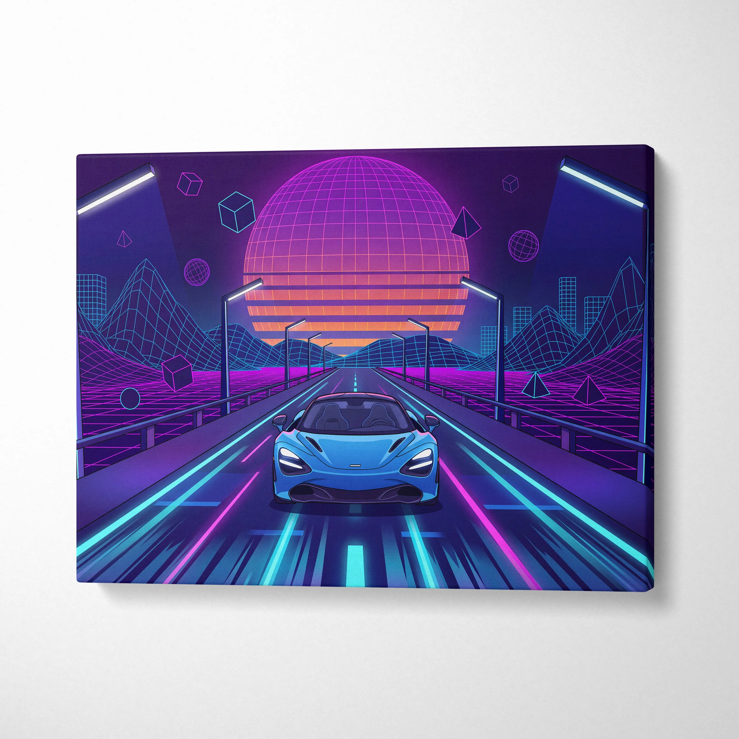 McLaren 765LT Inspired Neon Vaporwave Sunset Neon Canvas Art - Car Neon Purple Blue Living Room Vaporwave Mood