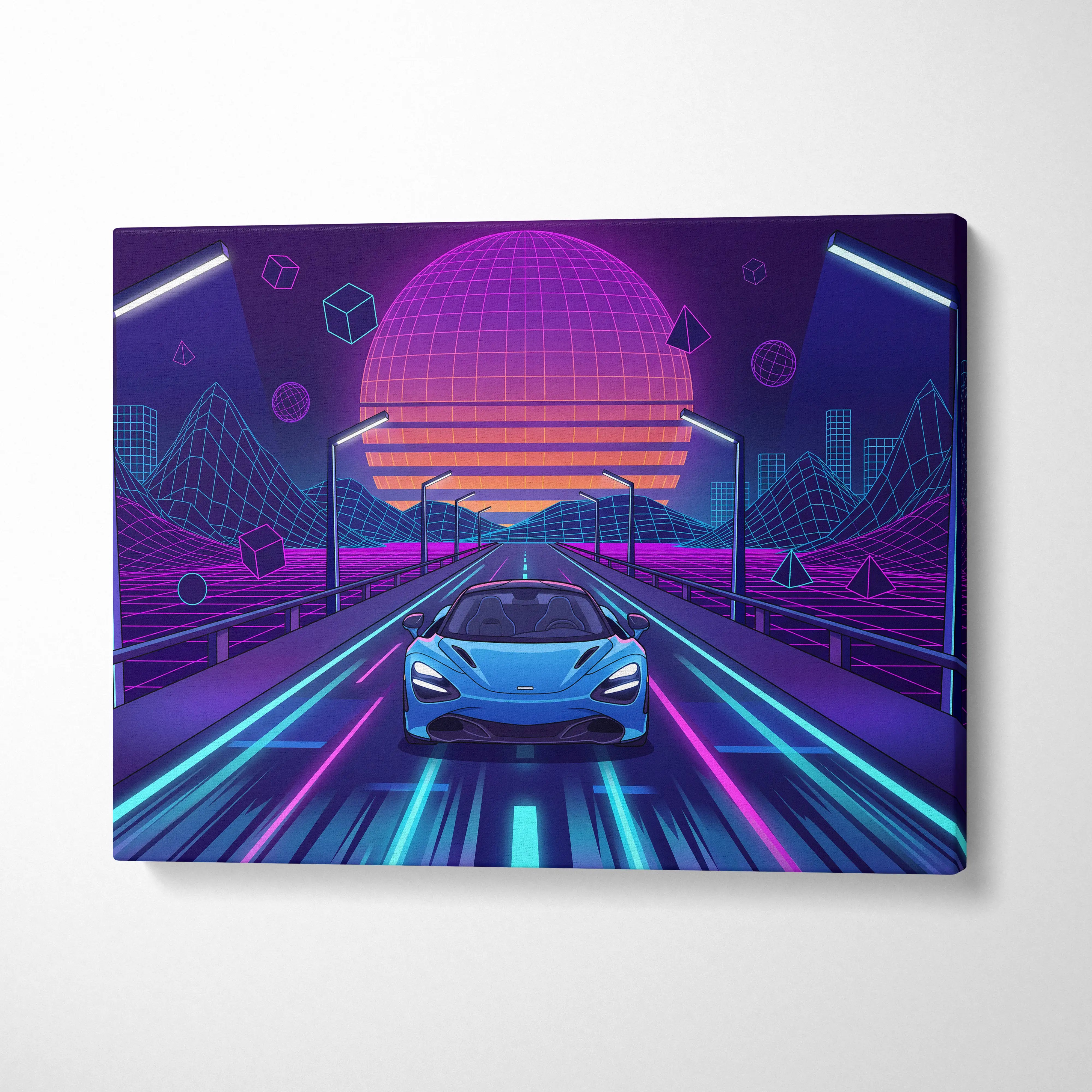 A neon canvas print of a blue McLaren 765LT speeding on a glowing highway under a purple and orange digital sun