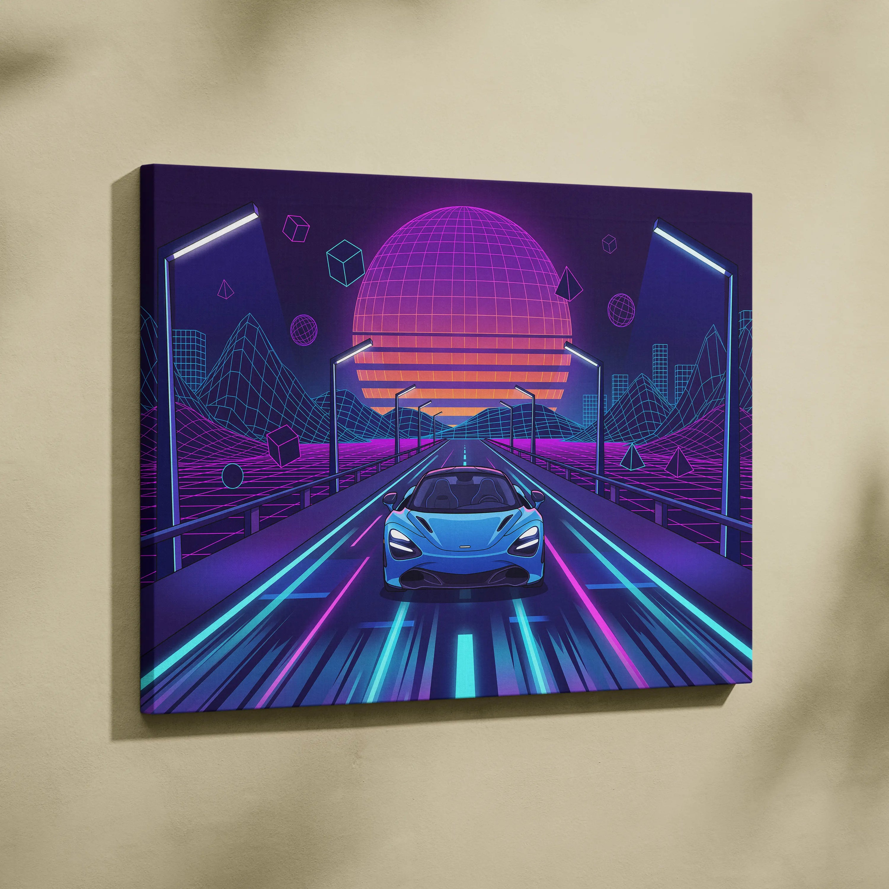 McLaren 765LT Inspired Neon Vaporwave Sunset Neon Canvas Art - Car Neon Purple Blue Living Room Vaporwave Mood