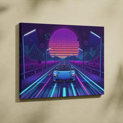 McLaren 765LT Inspired Neon Vaporwave Sunset Neon Canvas Art - Car Neon Purple Blue Living Room Vaporwave Mood
