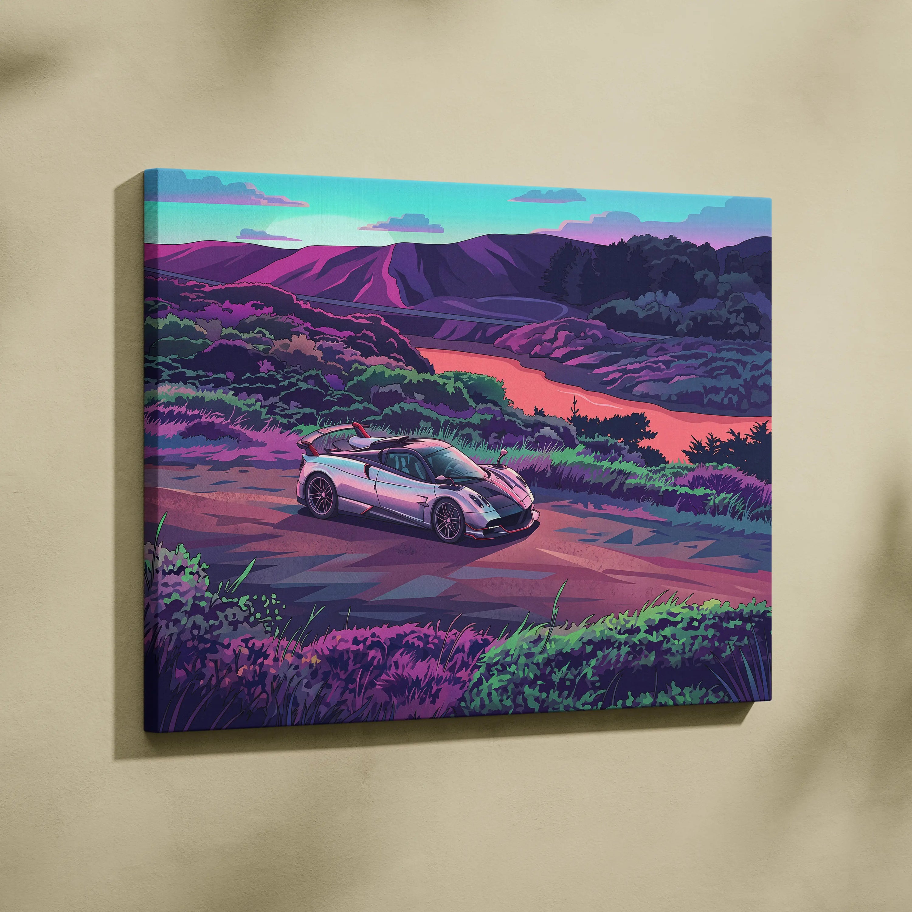 Pagani Huayra Inspired - Vaporwave Neon Drive Canvas Car Scene Neon Hues Home Office Vaporwave Dreamy Retro Canvas Print