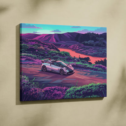 Pagani Huayra Inspired - Vaporwave Neon Drive Canvas Car Scene Neon Hues Home Office Vaporwave Dreamy Retro Canvas Print