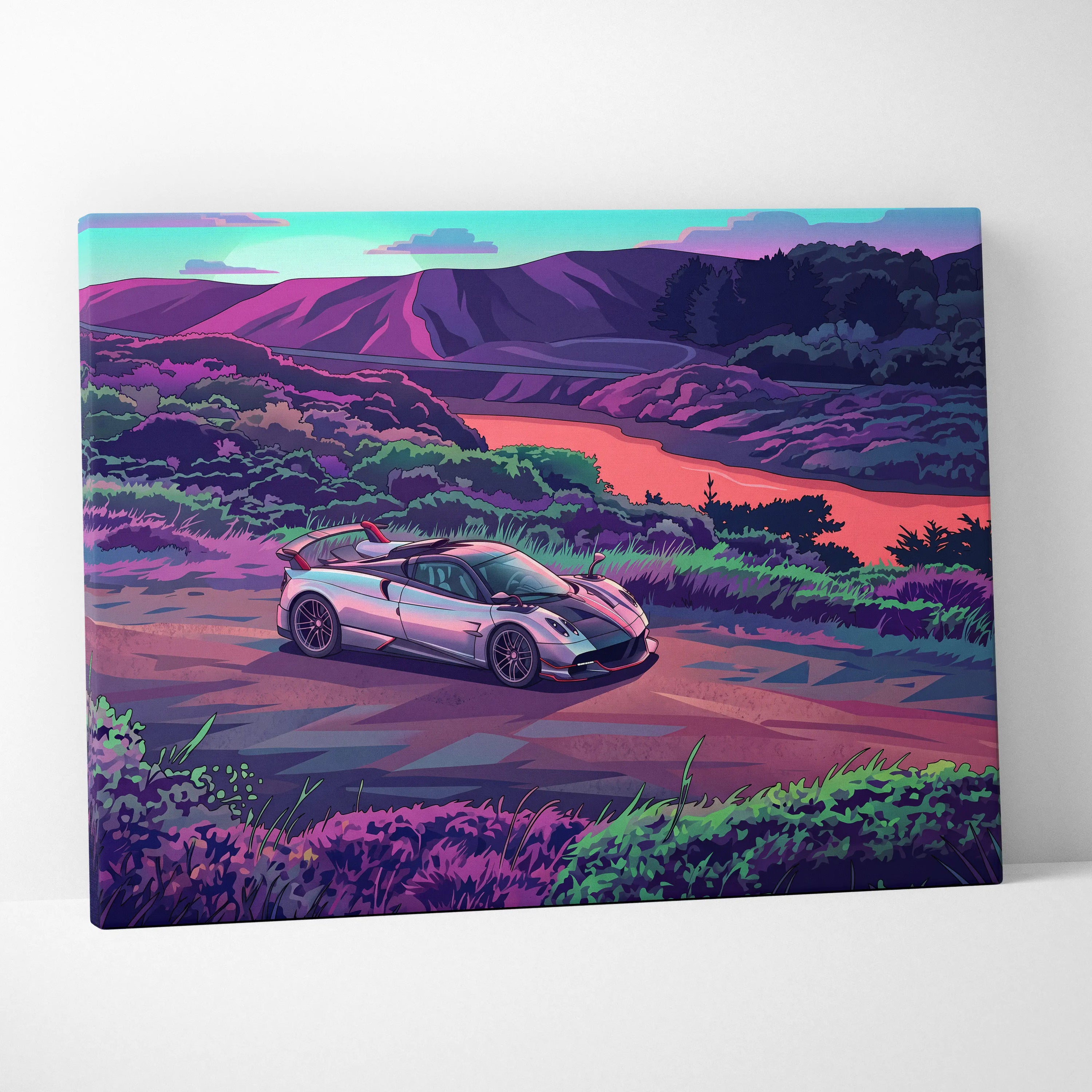 Pagani Huayra Inspired - Vaporwave Neon Drive Canvas Car Scene Neon Hues Home Office Vaporwave Dreamy Retro Canvas Print