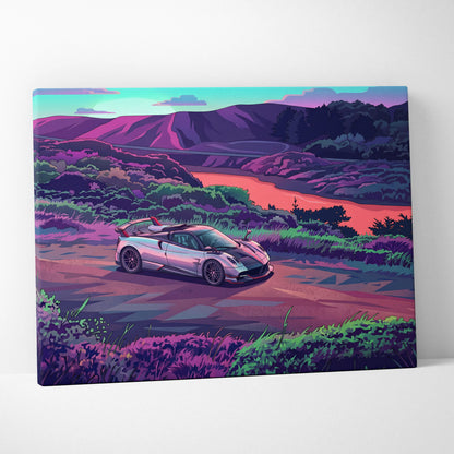 Pagani Huayra Inspired - Vaporwave Neon Drive Canvas Car Scene Neon Hues Home Office Vaporwave Dreamy Retro Canvas Print