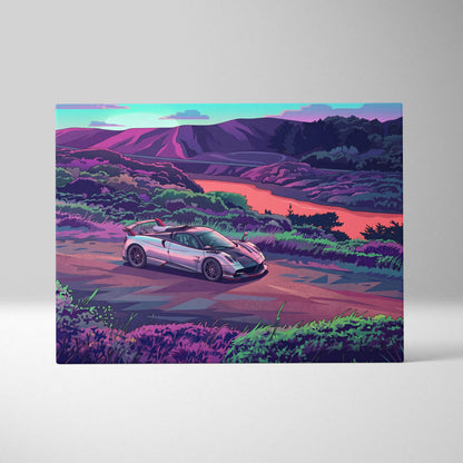 Pagani Huayra Inspired - Vaporwave Neon Drive Canvas Car Scene Neon Hues Home Office Vaporwave Dreamy Retro Canvas Print