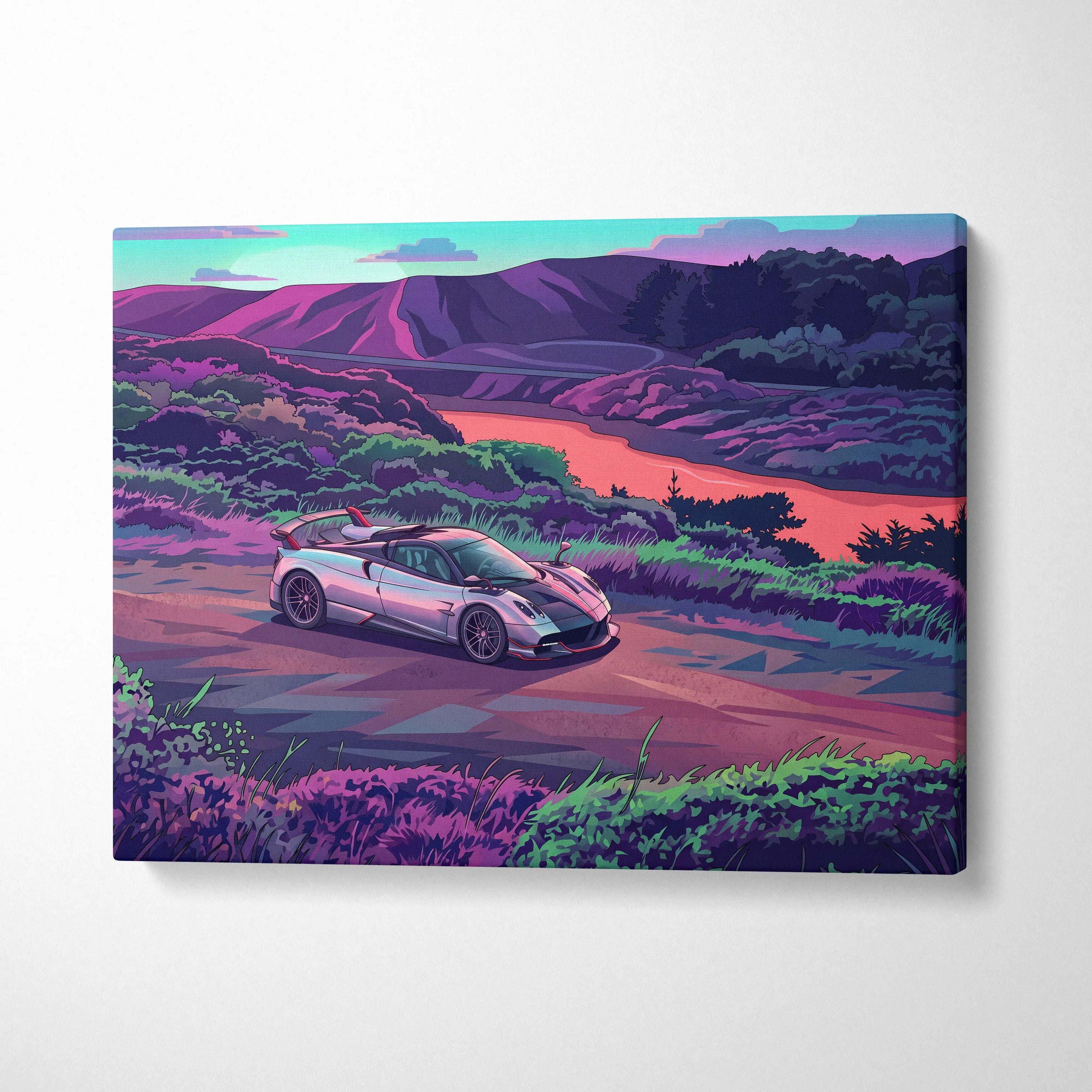 Pagani Huayra Inspired - Vaporwave Neon Drive Canvas Car Scene Neon Hues Home Office Vaporwave Dreamy Retro Canvas Print