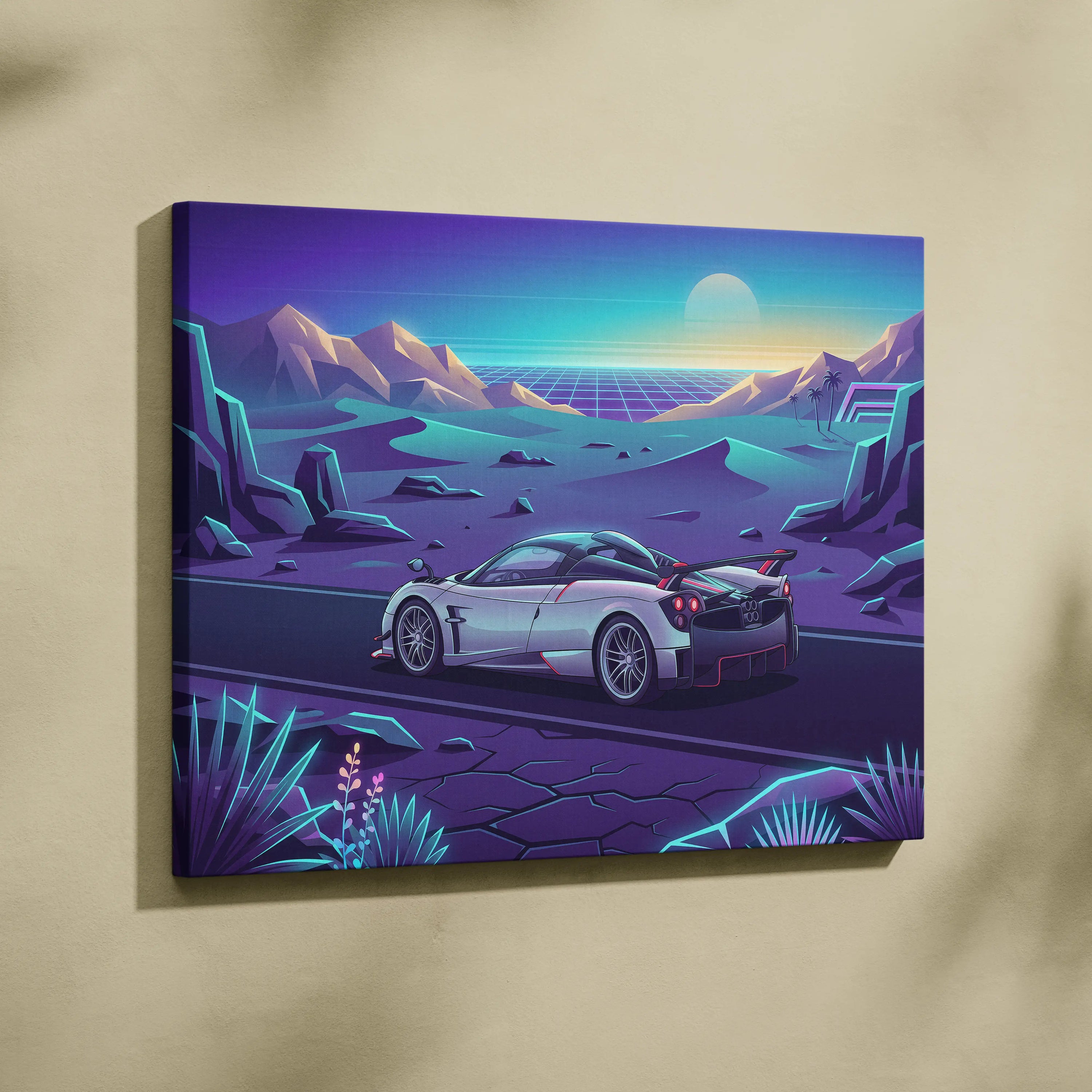 Pagani Huayra Inspired Retro Neon Sunset Drive - Car Art Neon Purple Teal Living Room Decor Canvas Print