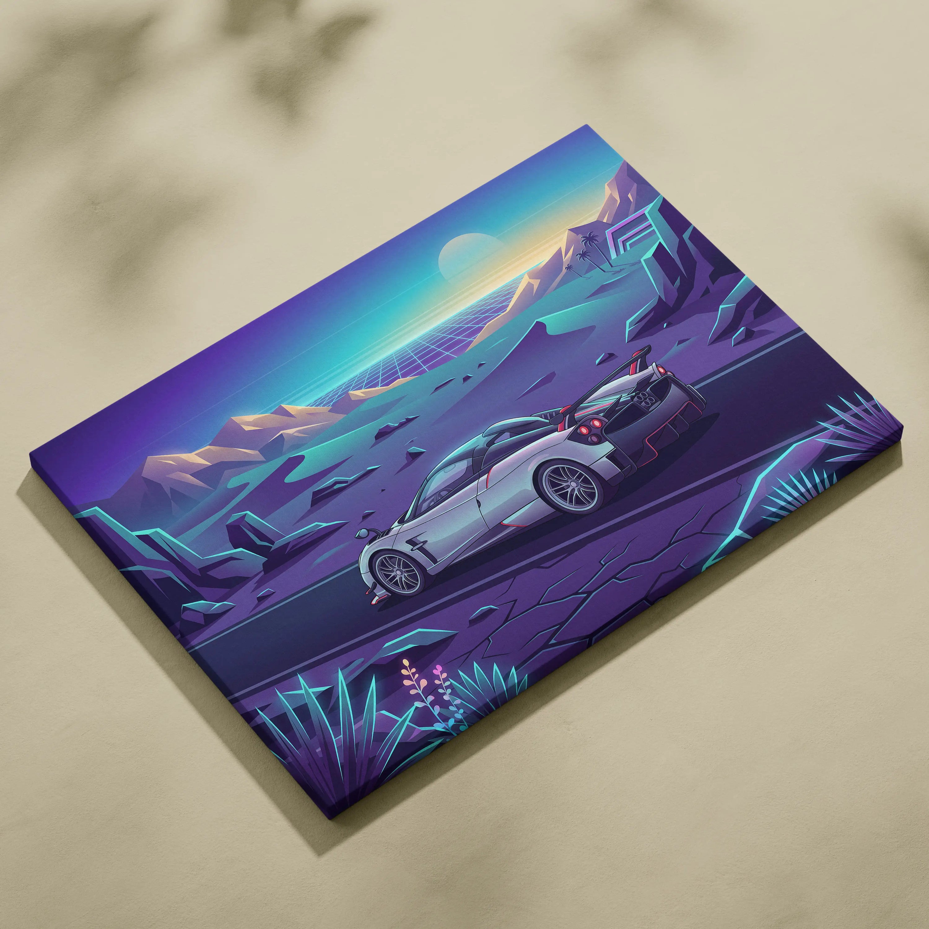 Pagani Huayra Inspired Retro Neon Sunset Drive - Car Art Neon Purple Teal Living Room Decor Canvas Print