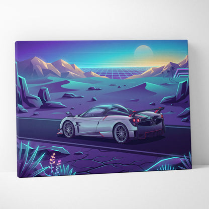 Pagani Huayra Inspired Retro Neon Sunset Drive - Car Art Neon Purple Teal Living Room Decor Canvas Print
