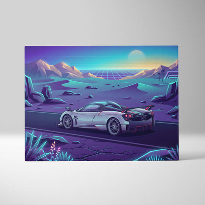 Pagani Huayra Inspired Retro Neon Sunset Drive - Car Art Neon Purple Teal Living Room Decor Canvas Print