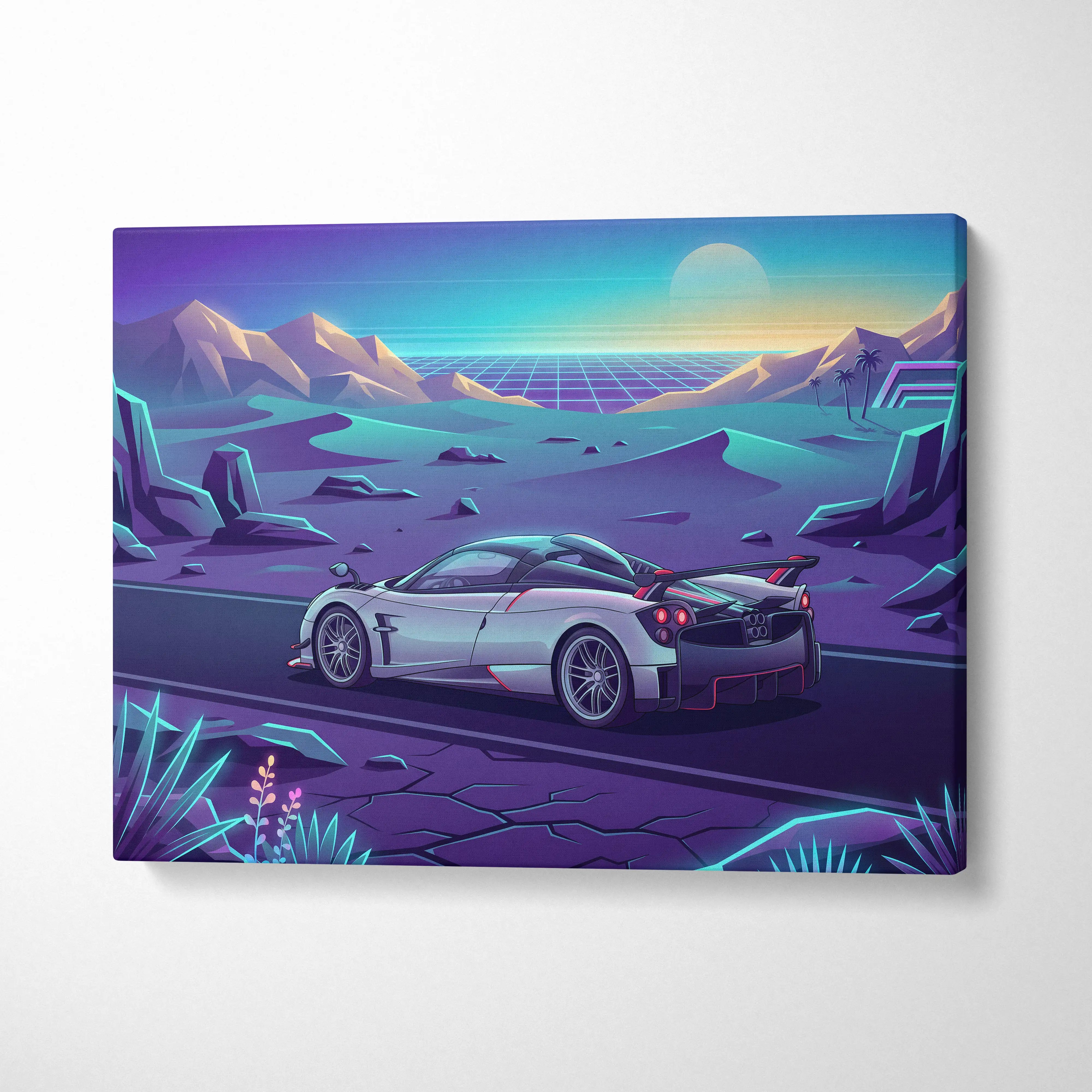 A sleek silver pagani huayra with red accents and black spoiler in a retro neon desert canvas print for living room decor
