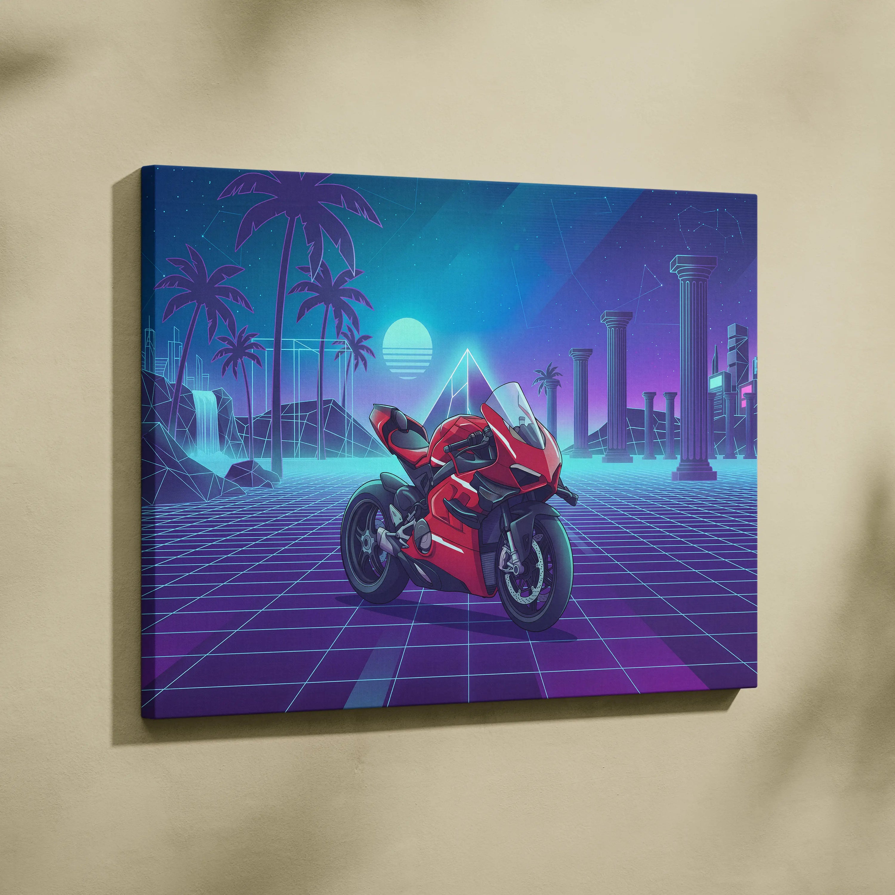 Ducati Panigale V4 Superleggera Inspired Red Teal Vaporwave Motorcycle Canvas Wall Art Neon Grid Sportbike Artwork Retro Futuristic Garage Decor