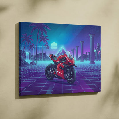 Ducati Panigale V4 Superleggera Inspired Red Teal Vaporwave Motorcycle Canvas Wall Art Neon Grid Sportbike Artwork Retro Futuristic Garage Decor