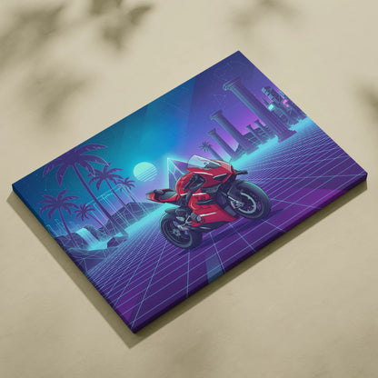 Ducati Panigale V4 Superleggera Inspired Red Teal Vaporwave Motorcycle Canvas Wall Art Neon Grid Sportbike Artwork Retro Futuristic Garage Decor