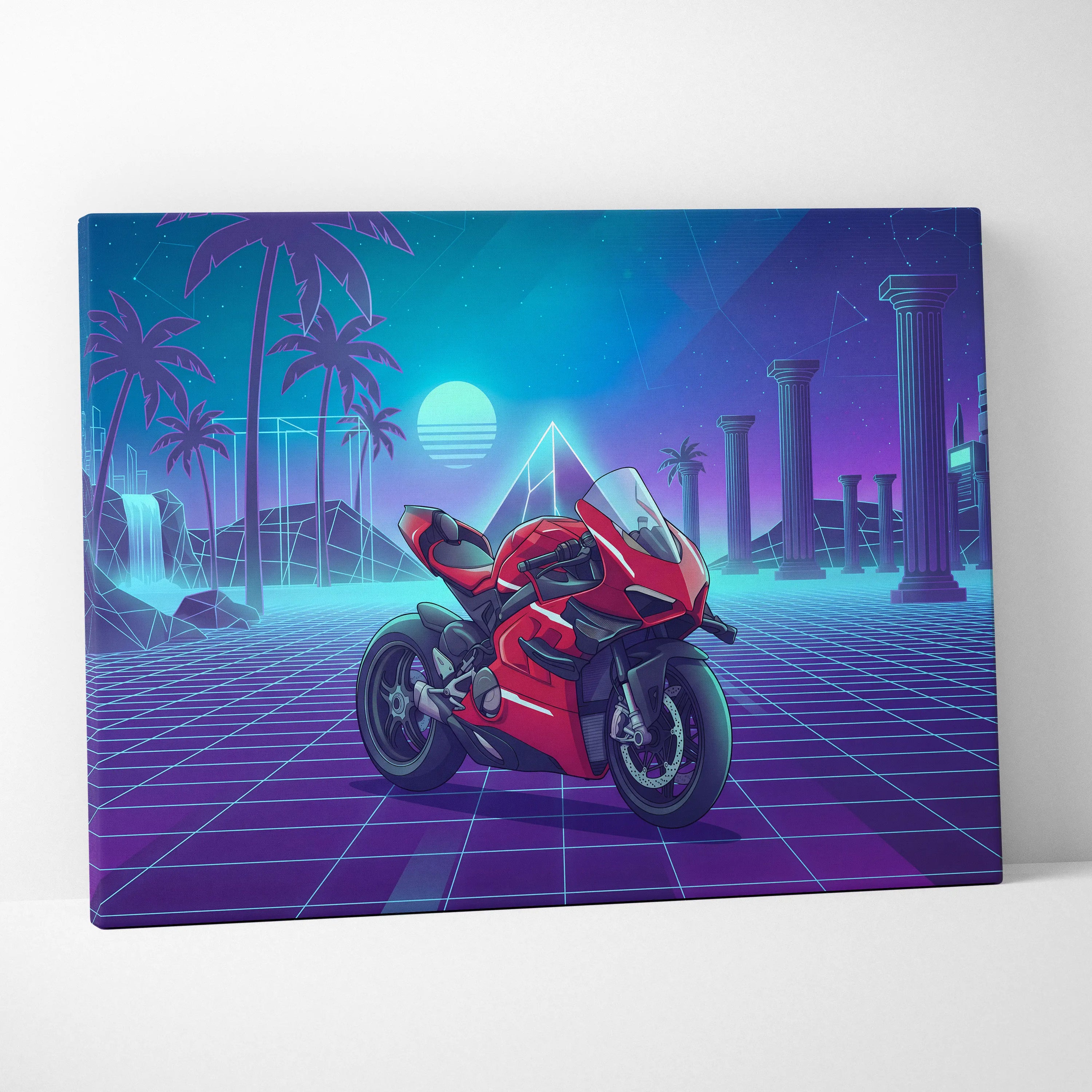 Ducati Panigale V4 Superleggera Inspired Red Teal Vaporwave Motorcycle Canvas Wall Art Neon Grid Sportbike Artwork Retro Futuristic Garage Decor