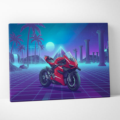 Ducati Panigale V4 Superleggera Inspired Red Teal Vaporwave Motorcycle Canvas Wall Art Neon Grid Sportbike Artwork Retro Futuristic Garage Decor