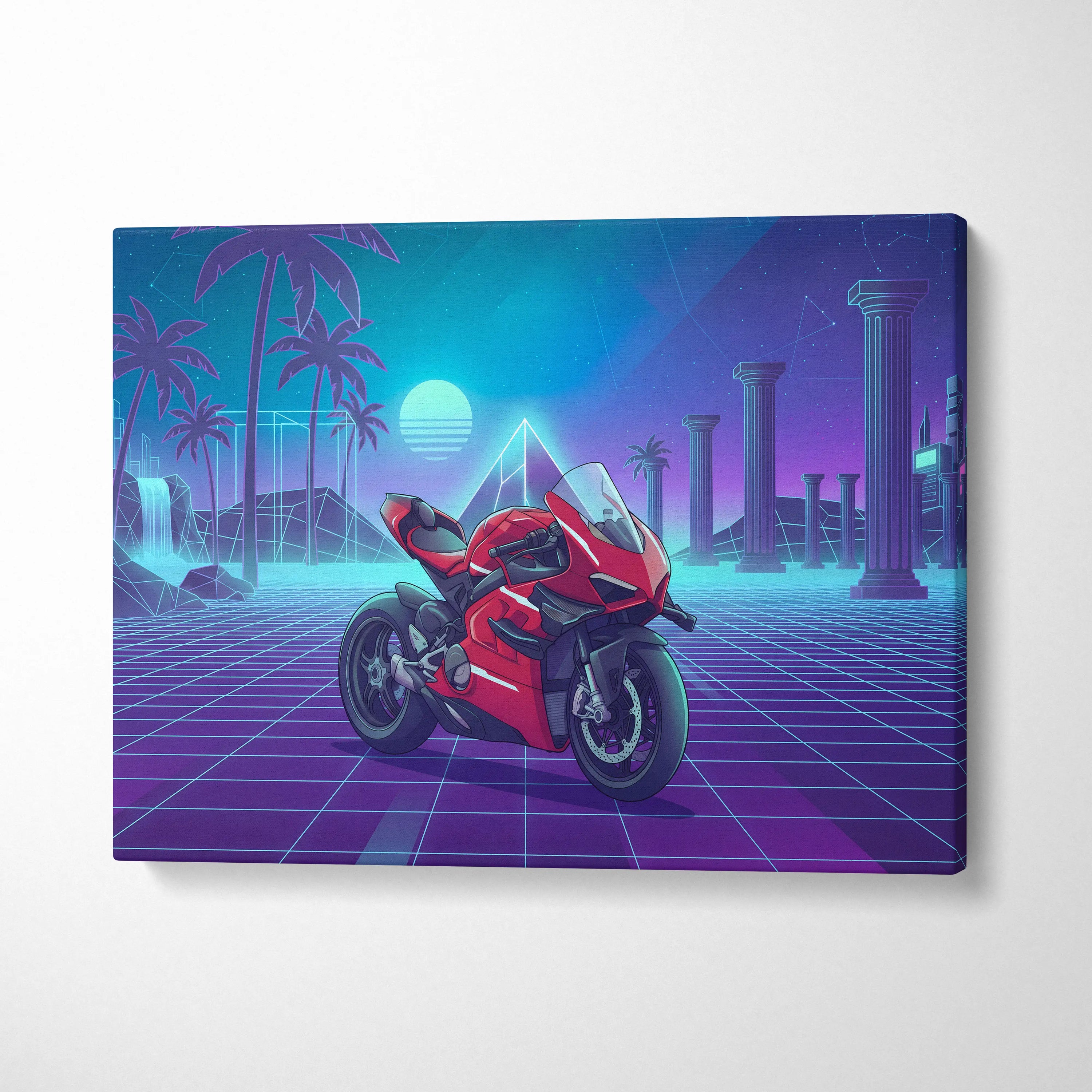 Ducati Panigale V4 Superleggera Inspired Red Teal Vaporwave Motorcycle Canvas Wall Art Neon Grid Sportbike Artwork Retro Futuristic Garage Decor