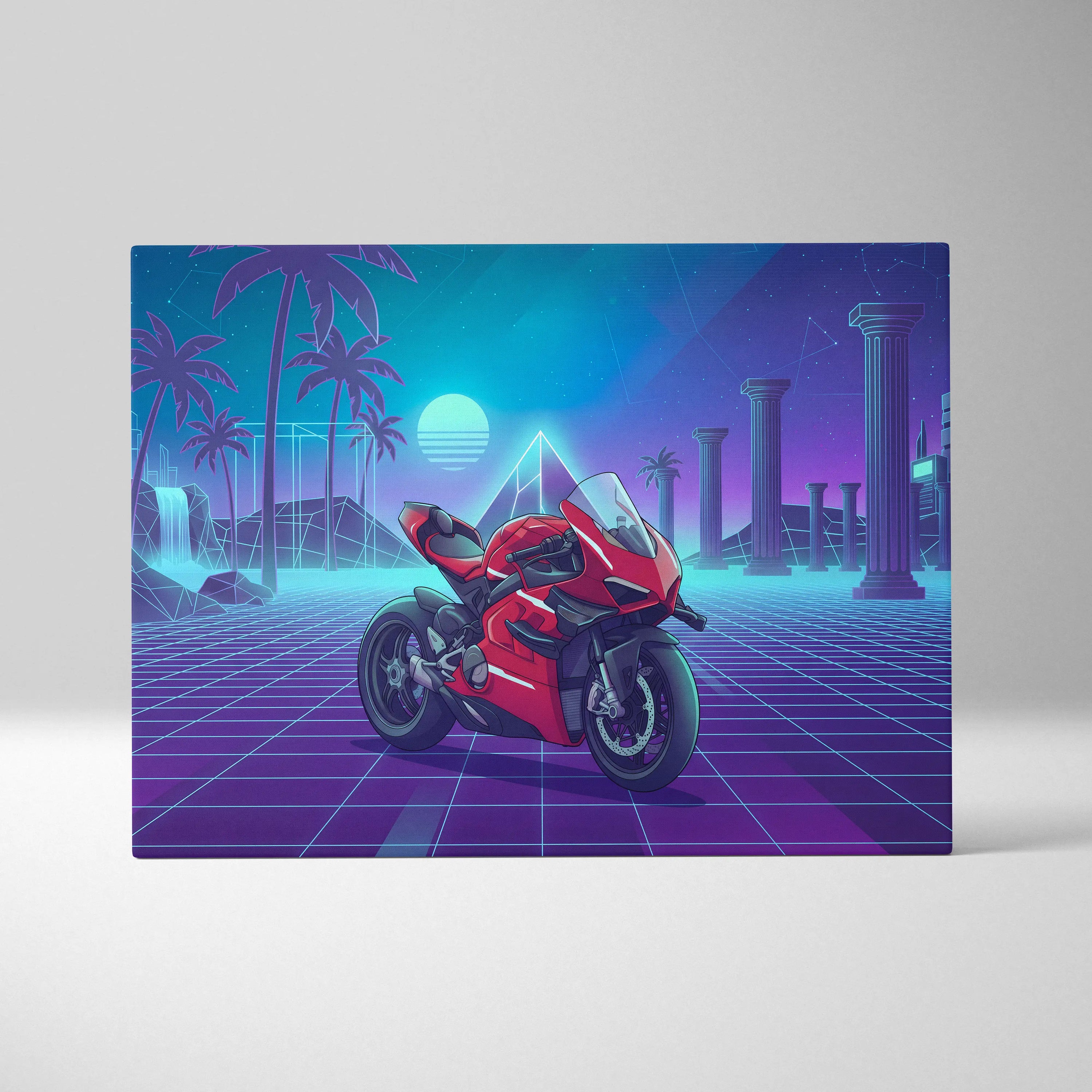 Ducati Panigale V4 Superleggera Inspired Red Teal Vaporwave Motorcycle Canvas Wall Art Neon Grid Sportbike Artwork Retro Futuristic Garage Decor