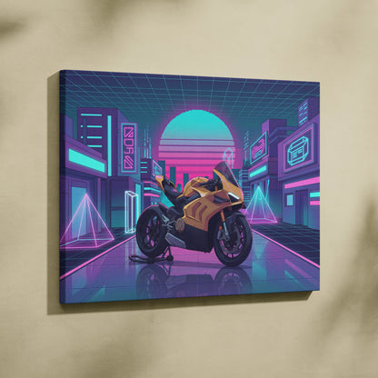 Ducati Panigale V4 Inspired Gold Pink Vaporwave Motorcycle Canvas Wall Art Neon City Sportbike Artwork Cyberpunk Garage Decor
