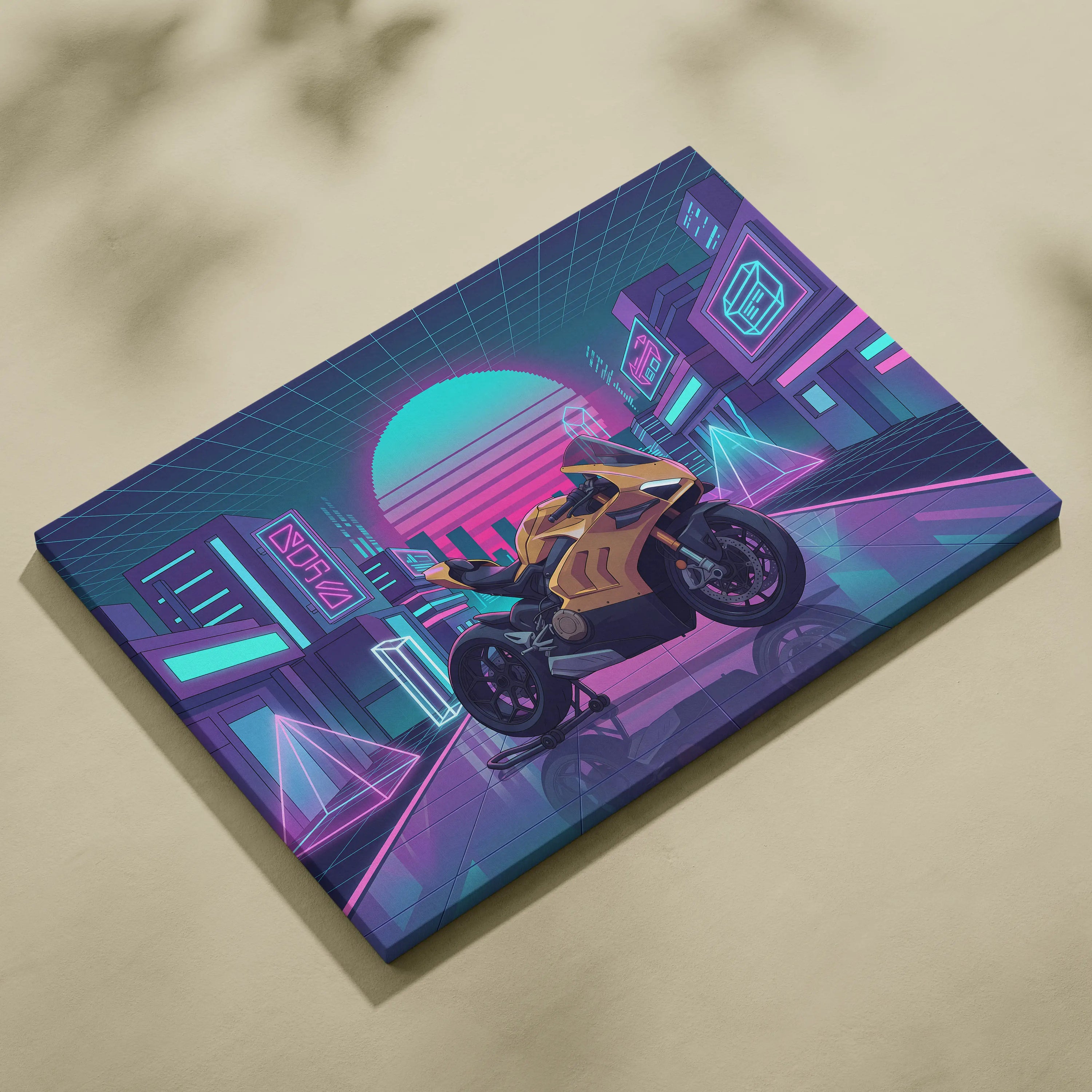 Ducati Panigale V4 Inspired Gold Pink Vaporwave Motorcycle Canvas Wall Art Neon City Sportbike Artwork Cyberpunk Garage Decor