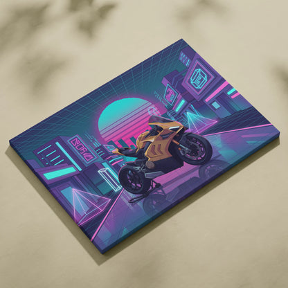 Ducati Panigale V4 Inspired Gold Pink Vaporwave Motorcycle Canvas Wall Art Neon City Sportbike Artwork Cyberpunk Garage Decor