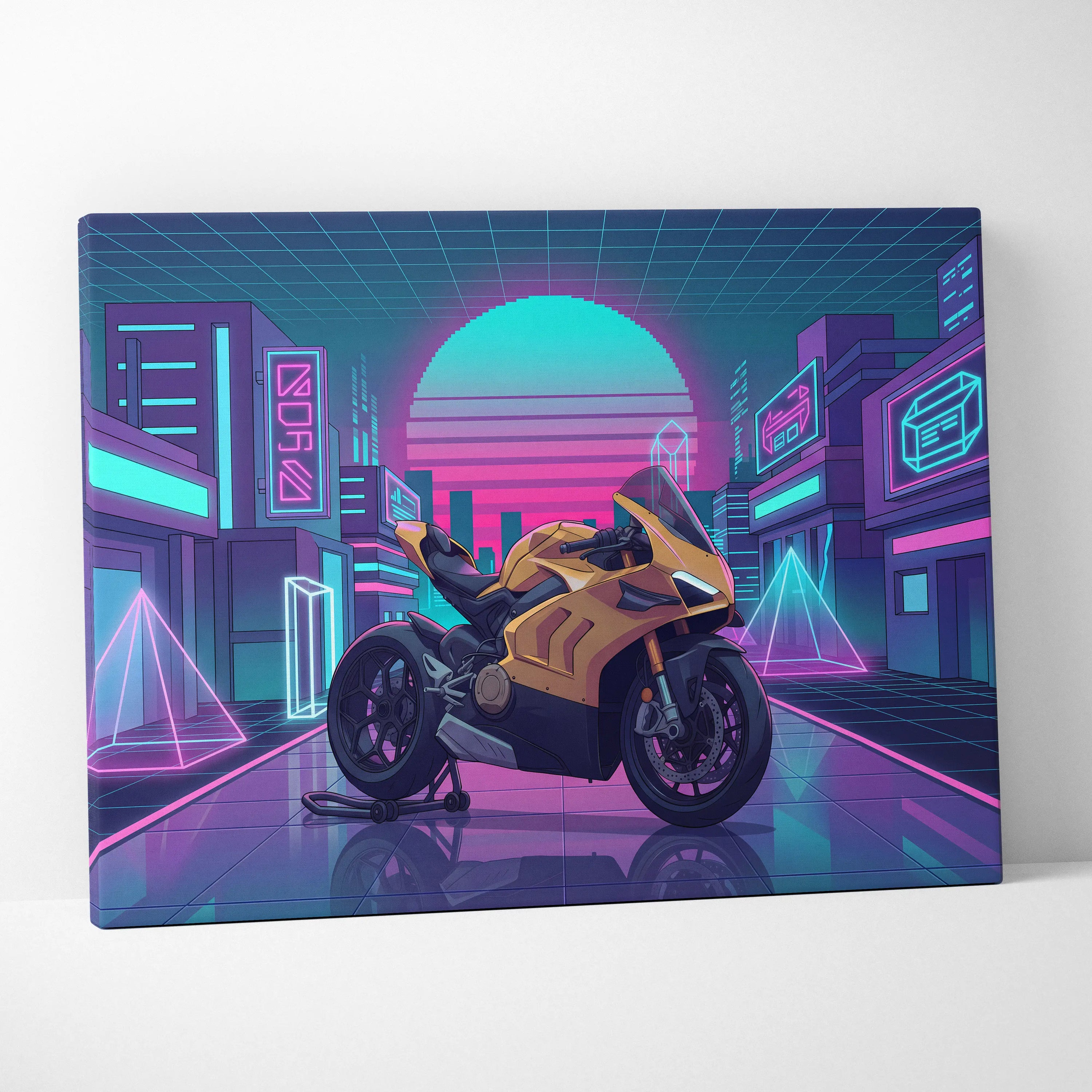 Ducati Panigale V4 Inspired Gold Pink Vaporwave Motorcycle Canvas Wall Art Neon City Sportbike Artwork Cyberpunk Garage Decor