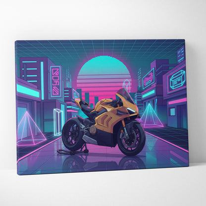 Ducati Panigale V4 Inspired Gold Pink Vaporwave Motorcycle Canvas Wall Art Neon City Sportbike Artwork Cyberpunk Garage Decor