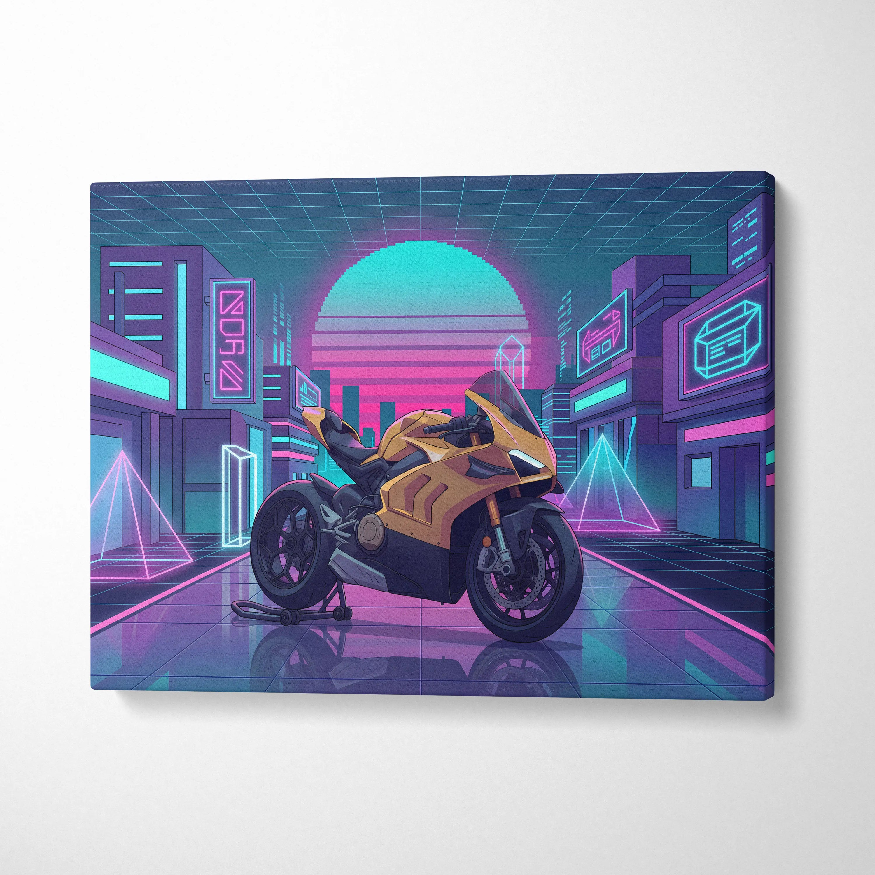 Ducati Panigale V4 Inspired Gold Pink Vaporwave Motorcycle Canvas Wall Art Neon City Sportbike Artwork Cyberpunk Garage Decor
