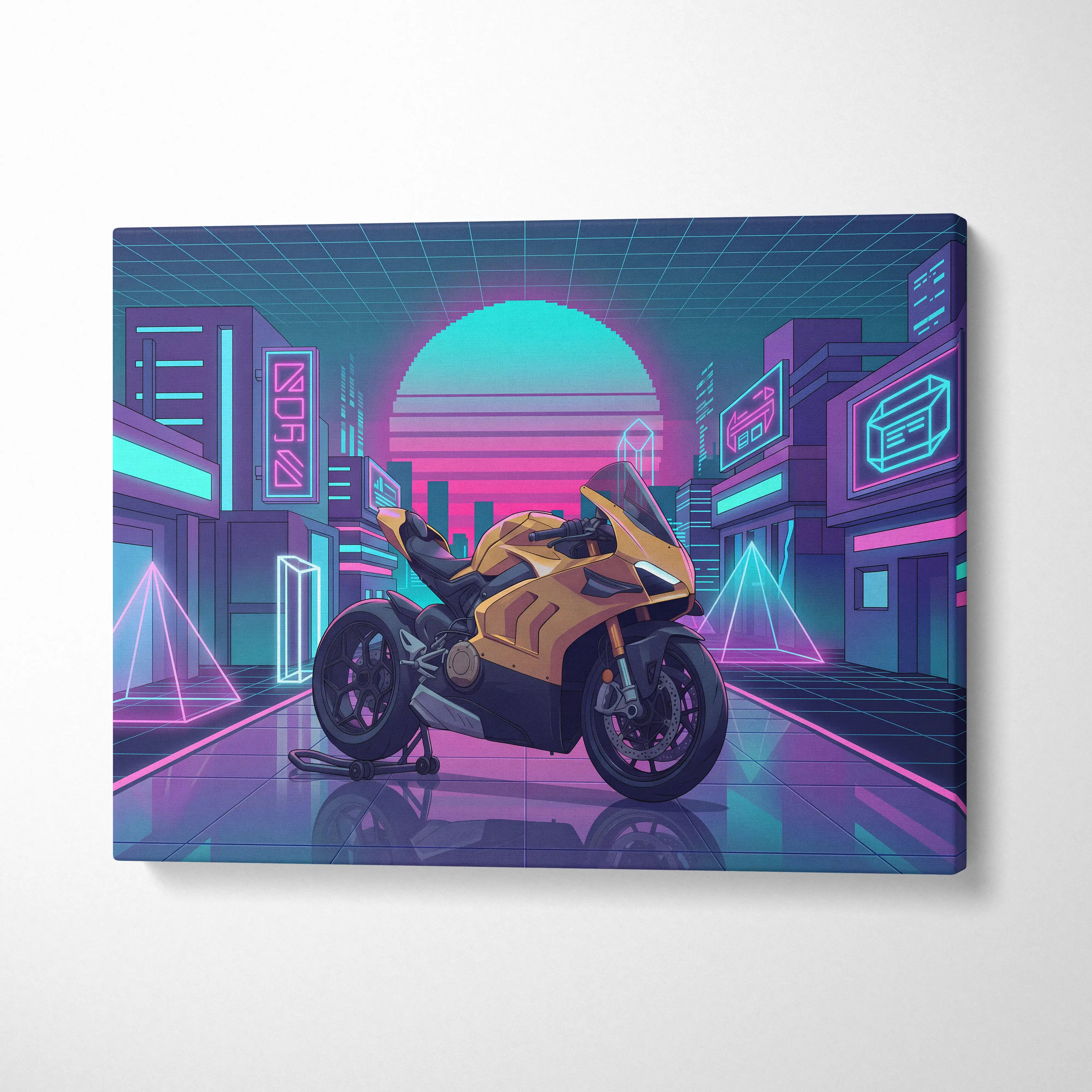 Ducati Panigale V4 Inspired Gold Pink Vaporwave Motorcycle Canvas Wall Art Neon City Sportbike Artwork Cyberpunk Garage Decor