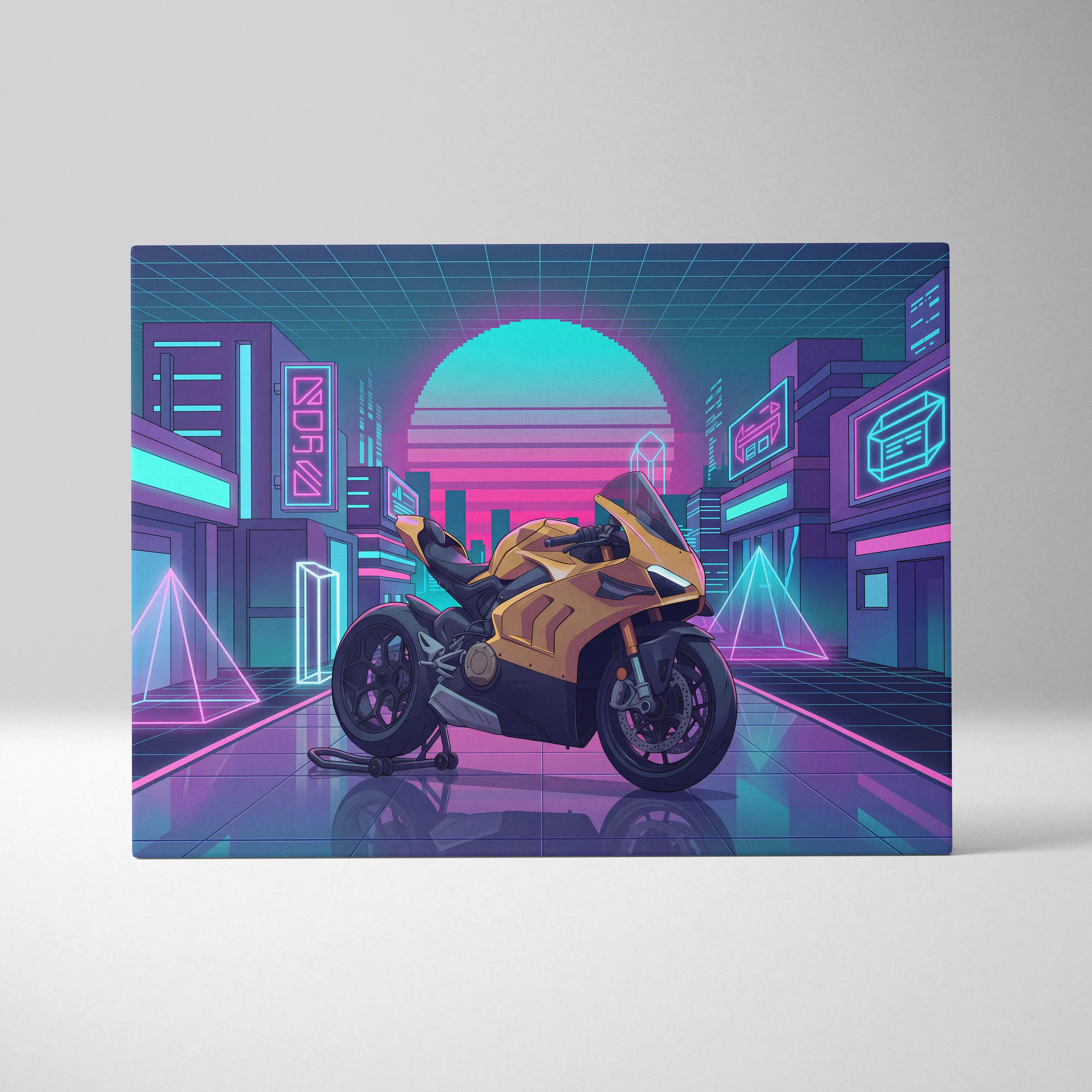 Ducati Panigale V4 Inspired Gold Pink Vaporwave Motorcycle Canvas Wall Art Neon City Sportbike Artwork Cyberpunk Garage Decor