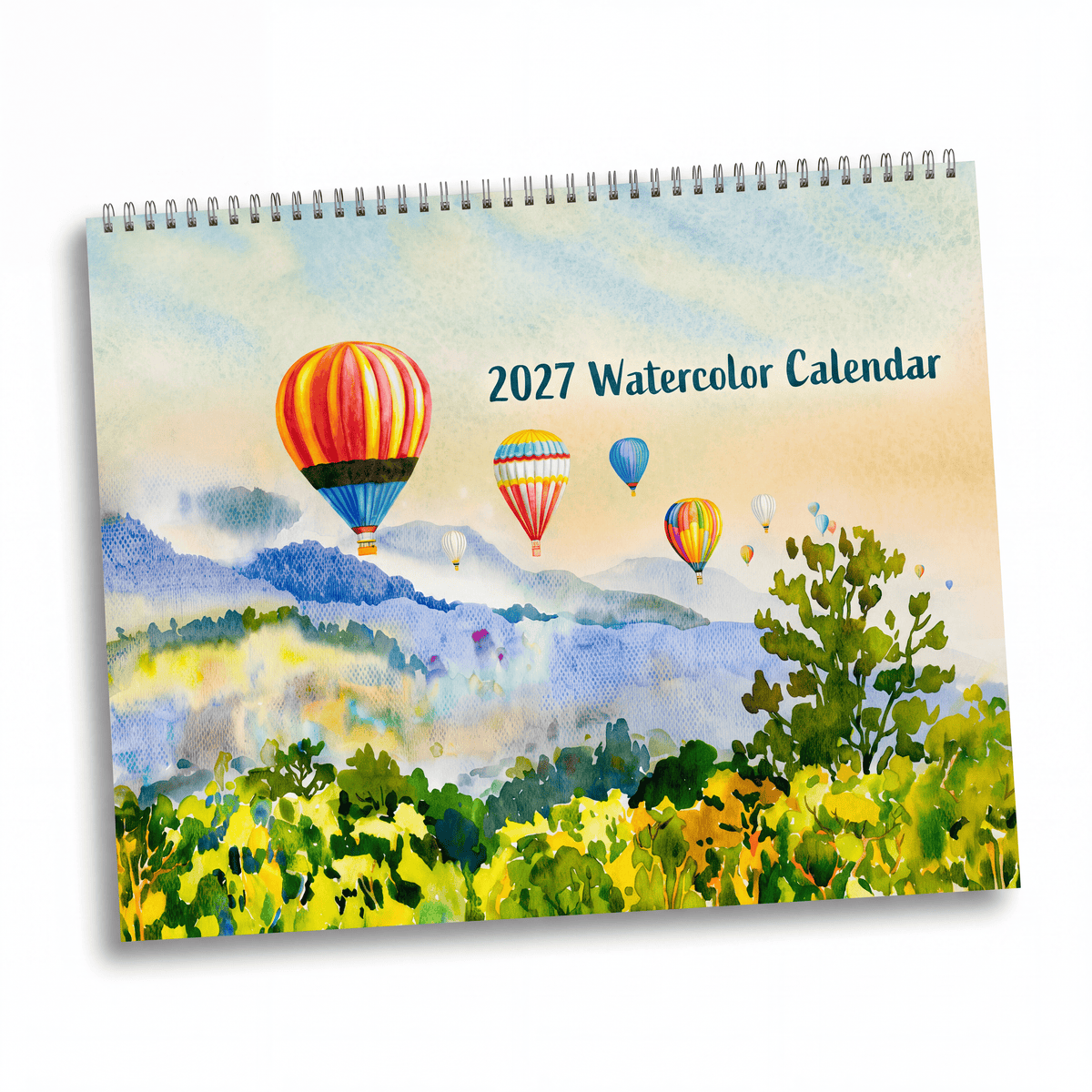 2027 watercolor artwork wall calendar featuring vibrant hot air balloons over colorful rolling hills and fields