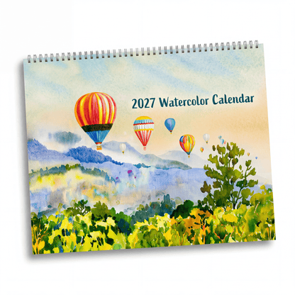 2027 watercolor artwork wall calendar featuring vibrant hot air balloons over colorful rolling hills and fields