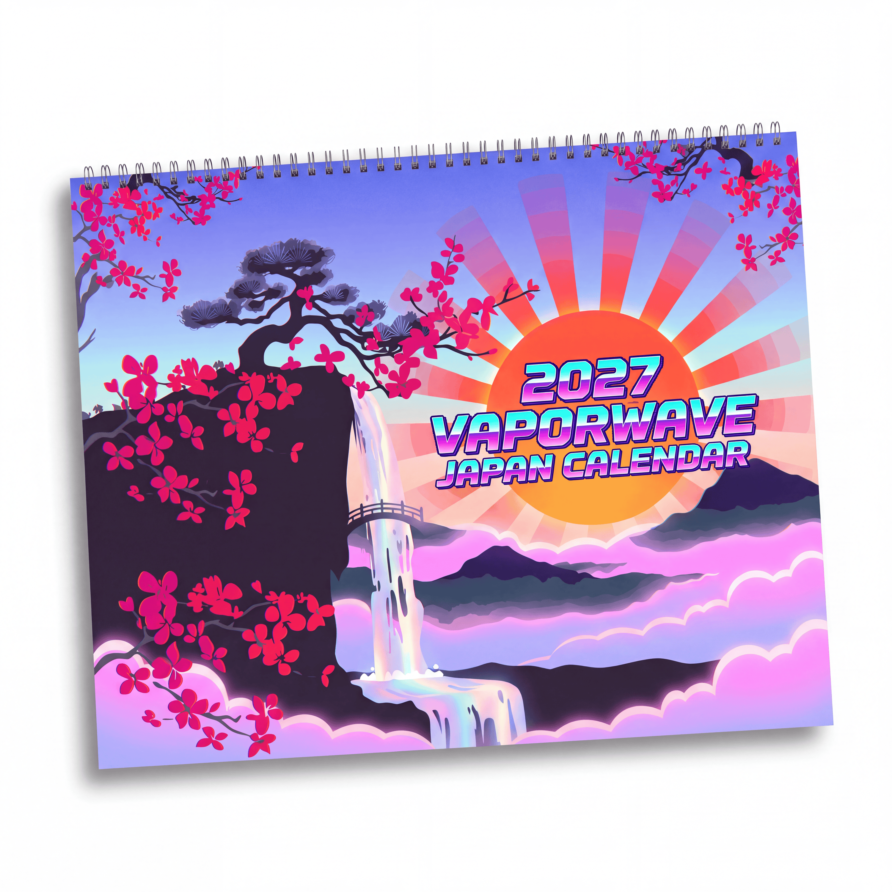 2027 Japan Inspired Vaporwave Wall Calendar – Koi Fish, Mount Fuji & Neon Wave Artwork