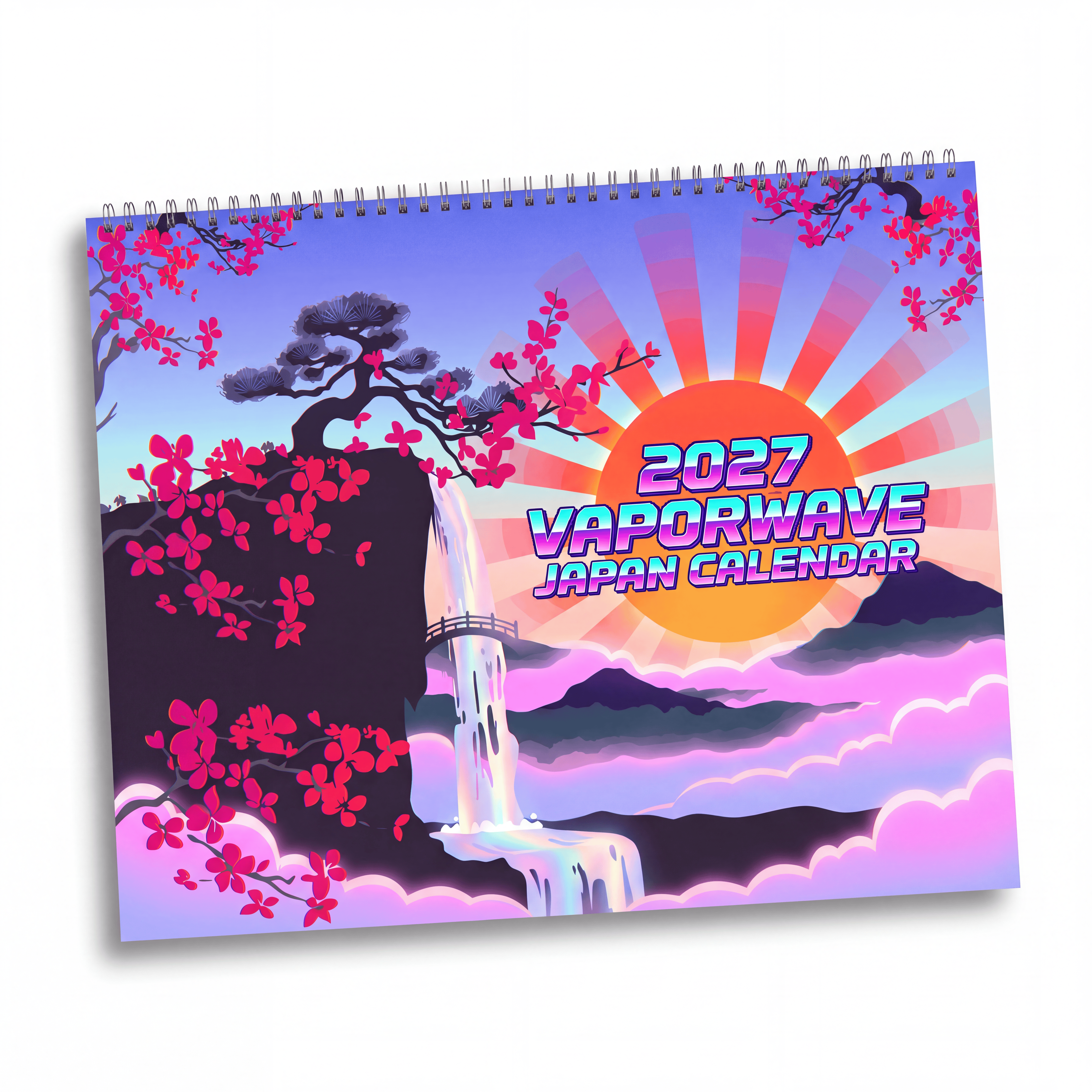 2027 Japan Inspired Vaporwave Wall Calendar – Koi Fish, Mount Fuji & Neon Wave Artwork