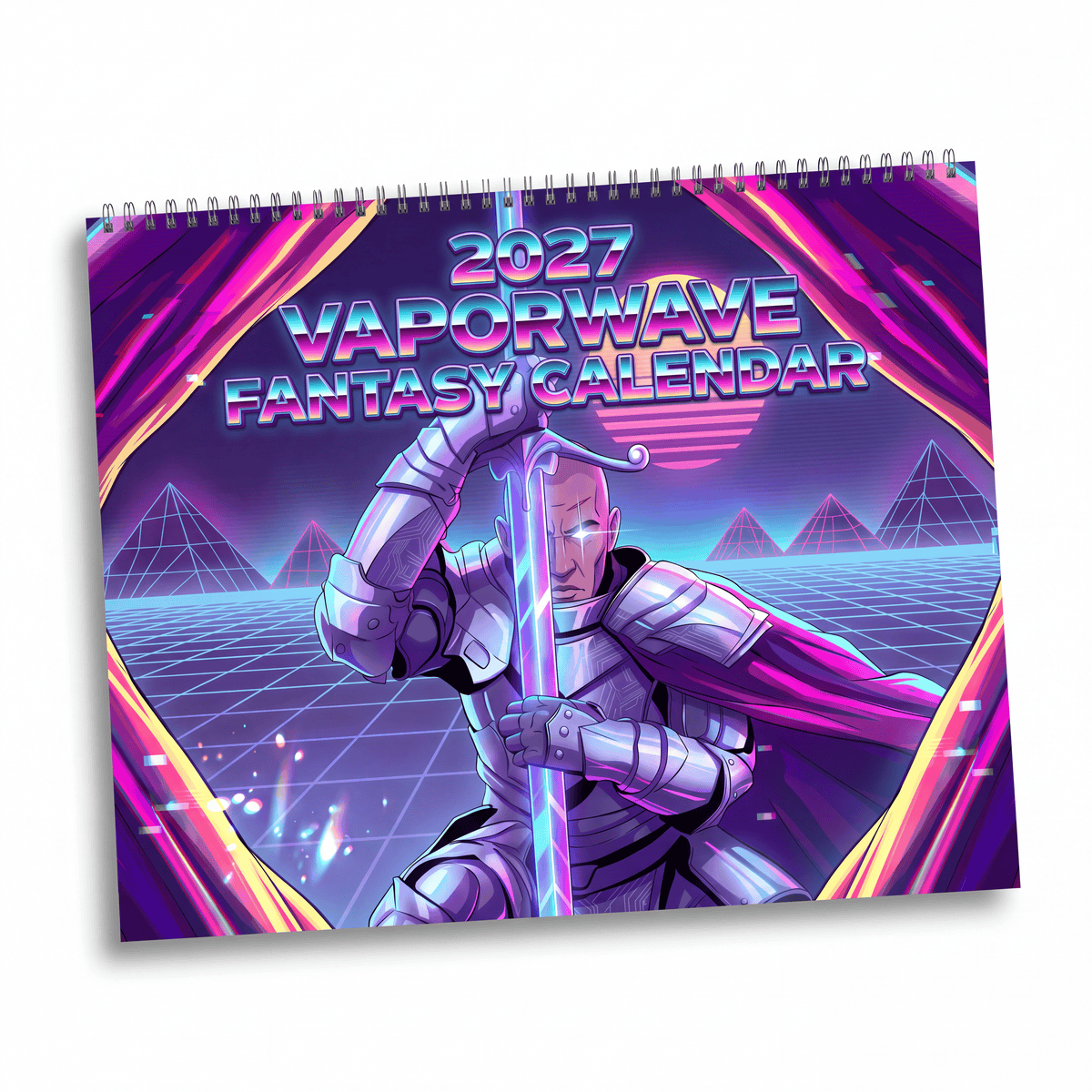 2027 neon vaporwave fantasy calendar featuring a metallic silver armored knight with glowing sword on neon purple backdrop