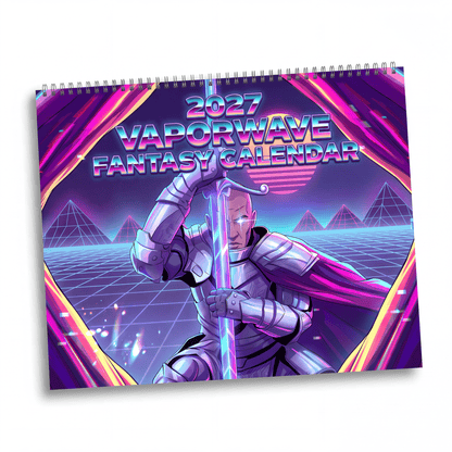 2027 neon vaporwave fantasy calendar featuring a metallic silver armored knight with glowing sword on neon purple backdrop