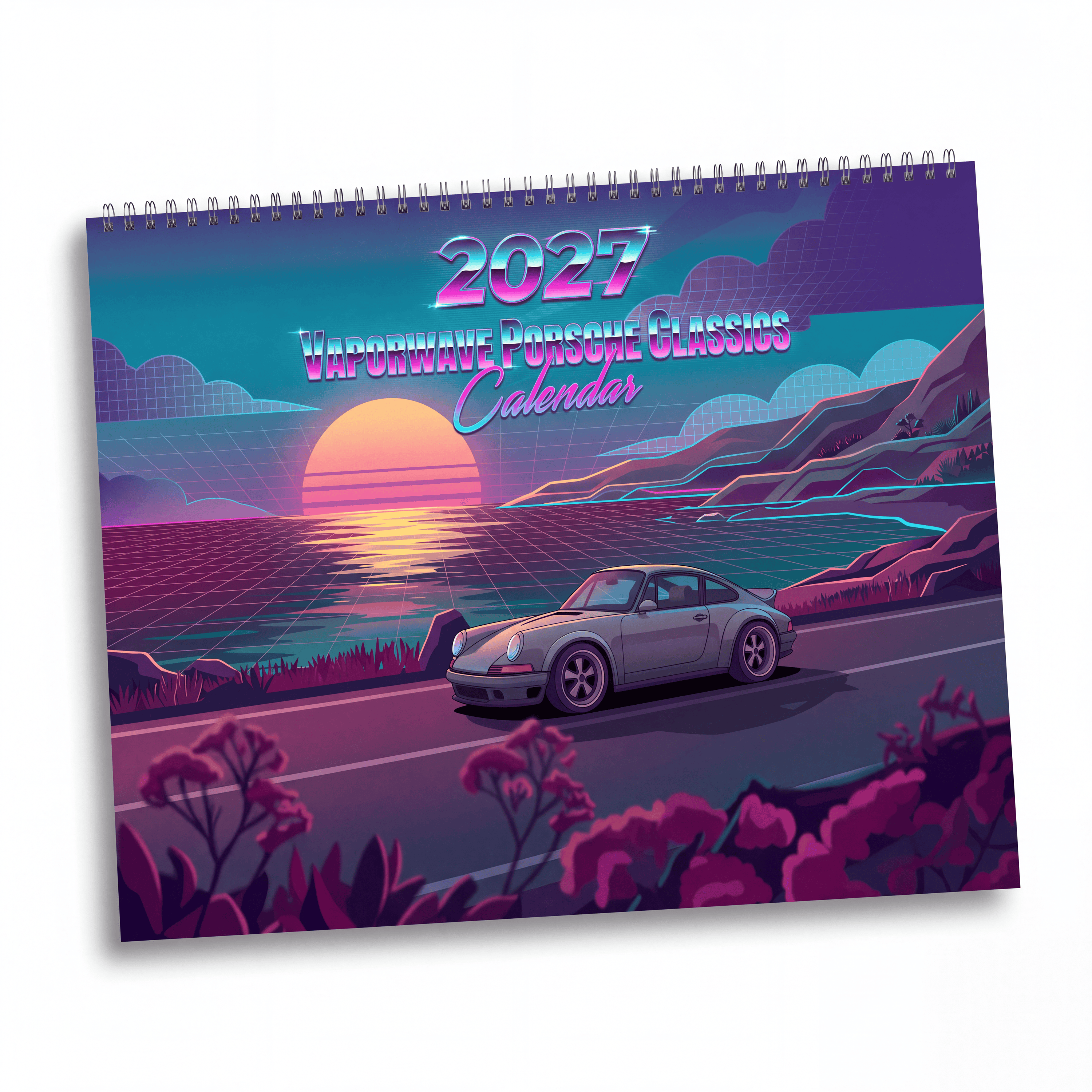 2027 Classic Porsche Inspired Vaporwave Wall Calendar – Retro Sports Car Neon Artwork Collection