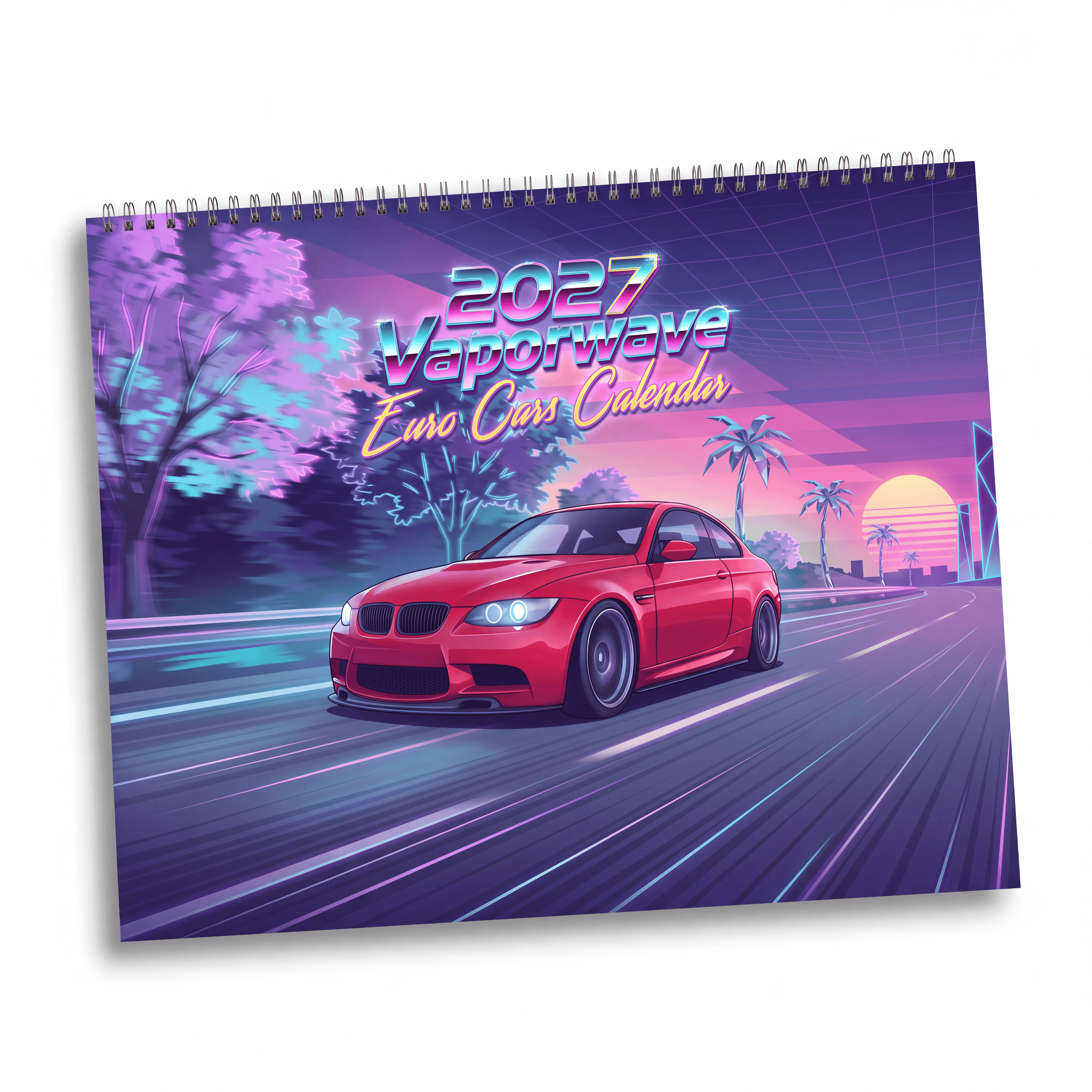 2027 European Car Vaporwave Wall Calendar – BMW Inspired Performance Cars & Retro Neon Artwork Collection