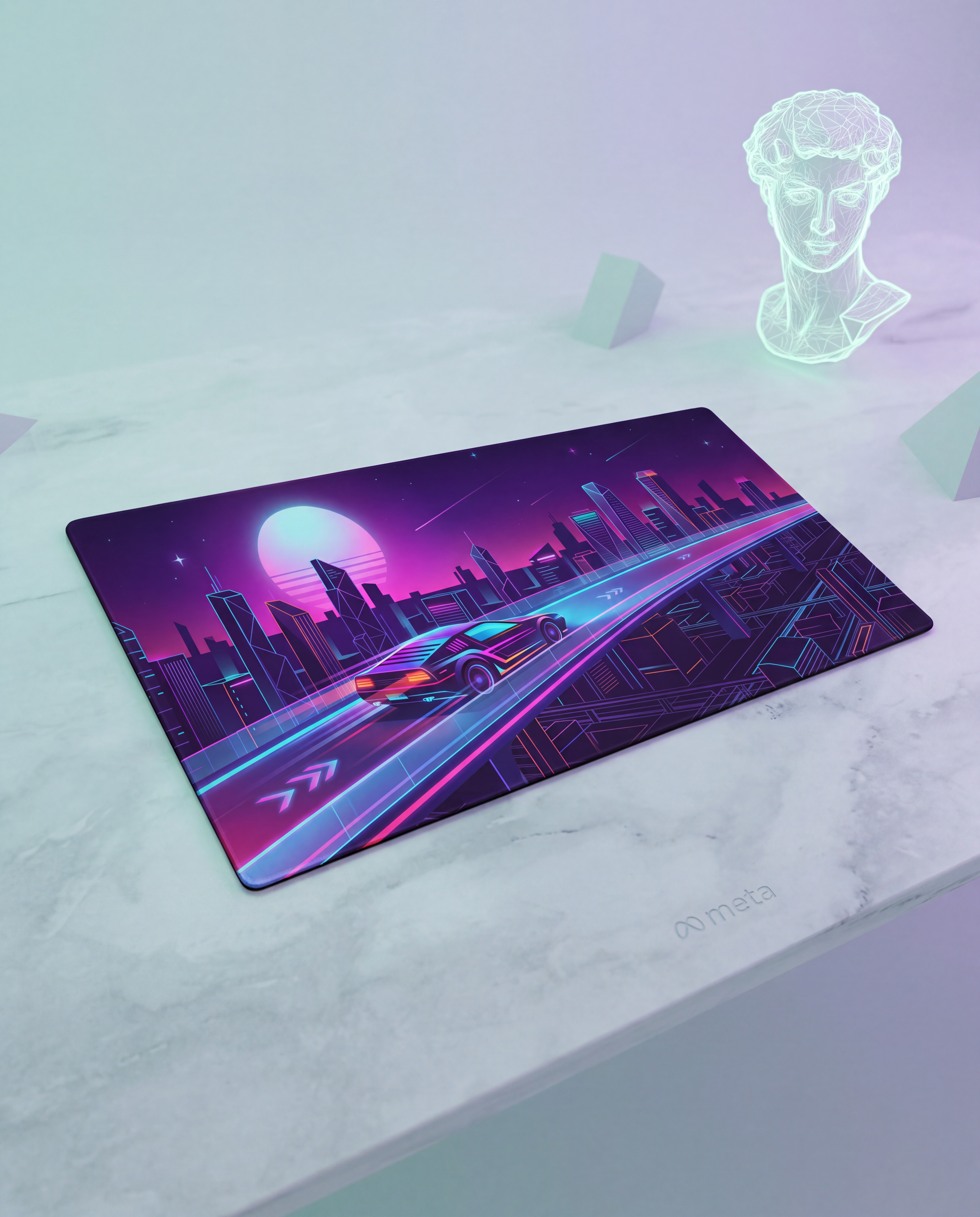 A rectangular gaming mousepad featuring a vibrant neon cyberpunk cityscape with a glowing purple and pink sunset, a futuristic car on a highway, and sharp geometric lines.