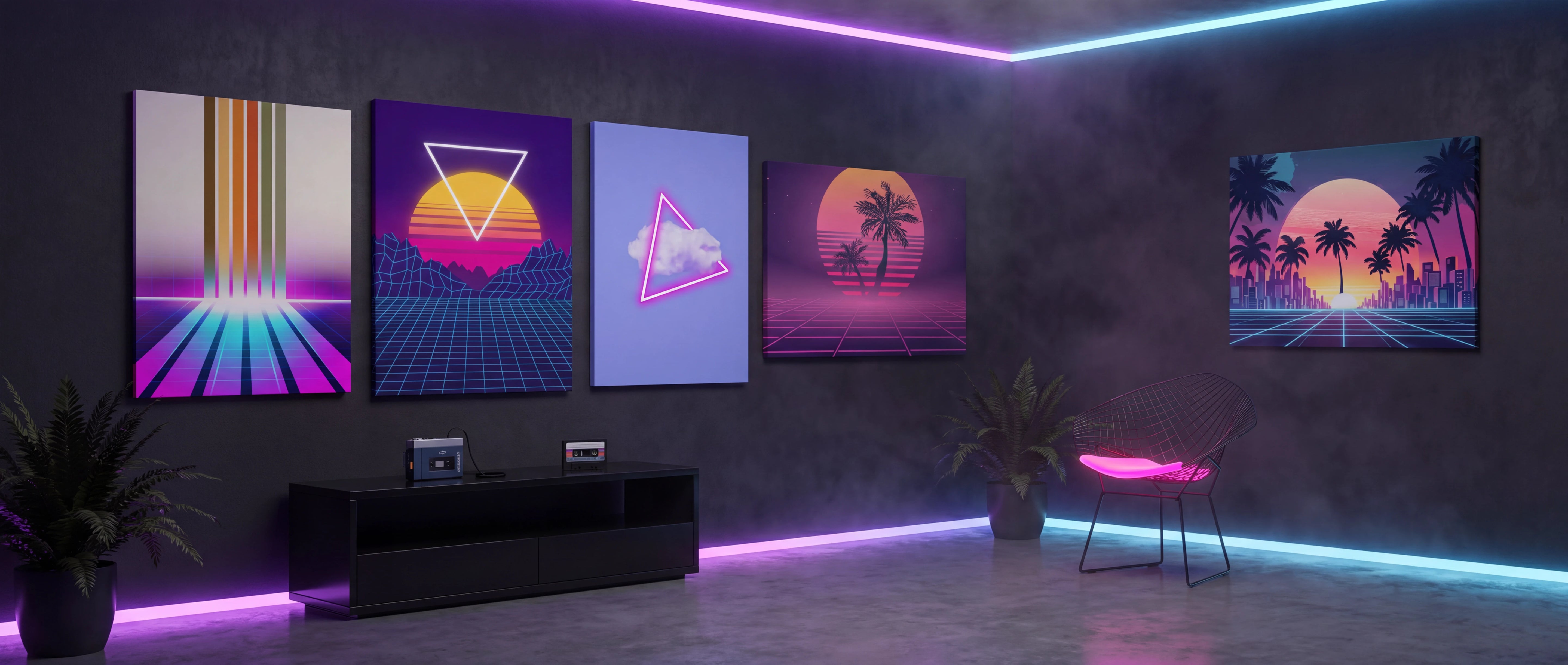 Neon-lit retro-futuristic wall art featuring vibrant geometric and sunset scenes in bold purples, pinks, and blues.